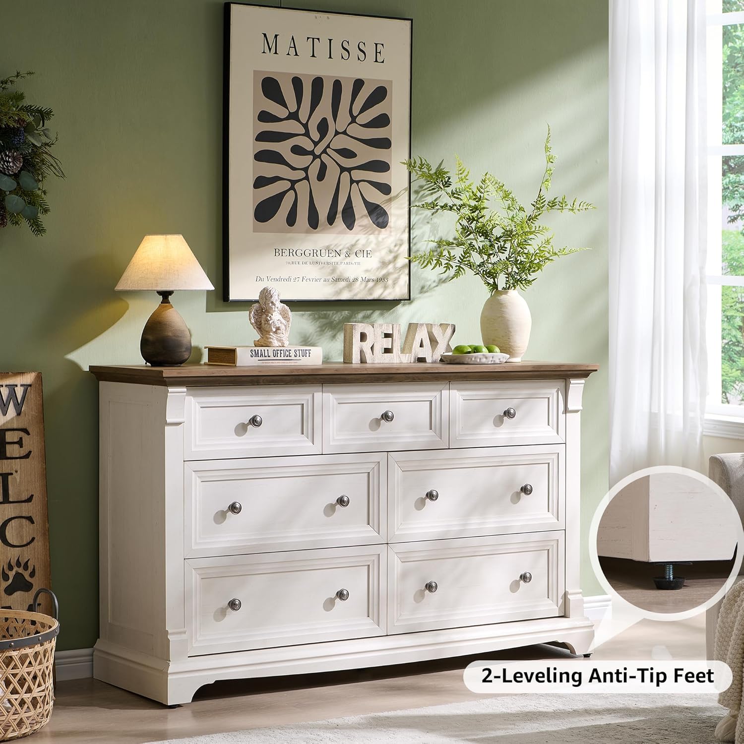 T4TREAM Farmhouse 7 Drawers Dresser for Bedroom, 54' Wide Wood Rustic Chest of Drawers w/Roman Column, Wooden Storage Dressers Organizer for Bedroom, Living Room, Closet, Antique White