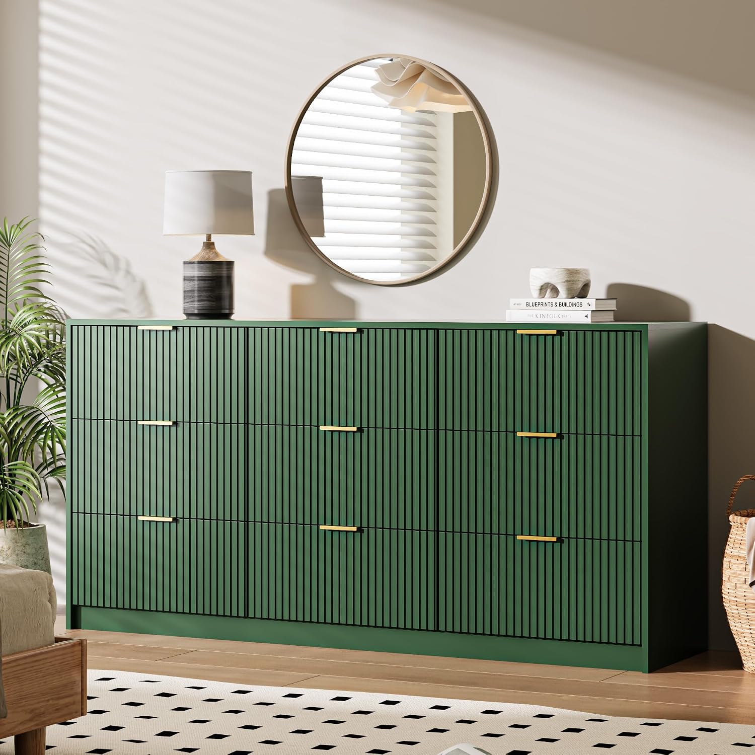 MAISONARIA 3-Piece Dresser Bedroom Set, 9 Drawer Dresser & 3 Drawer Nightstands with Gold Handles, Fluted Wood Chest of Drawers for Bedroom, Living Room, Entryway, Green