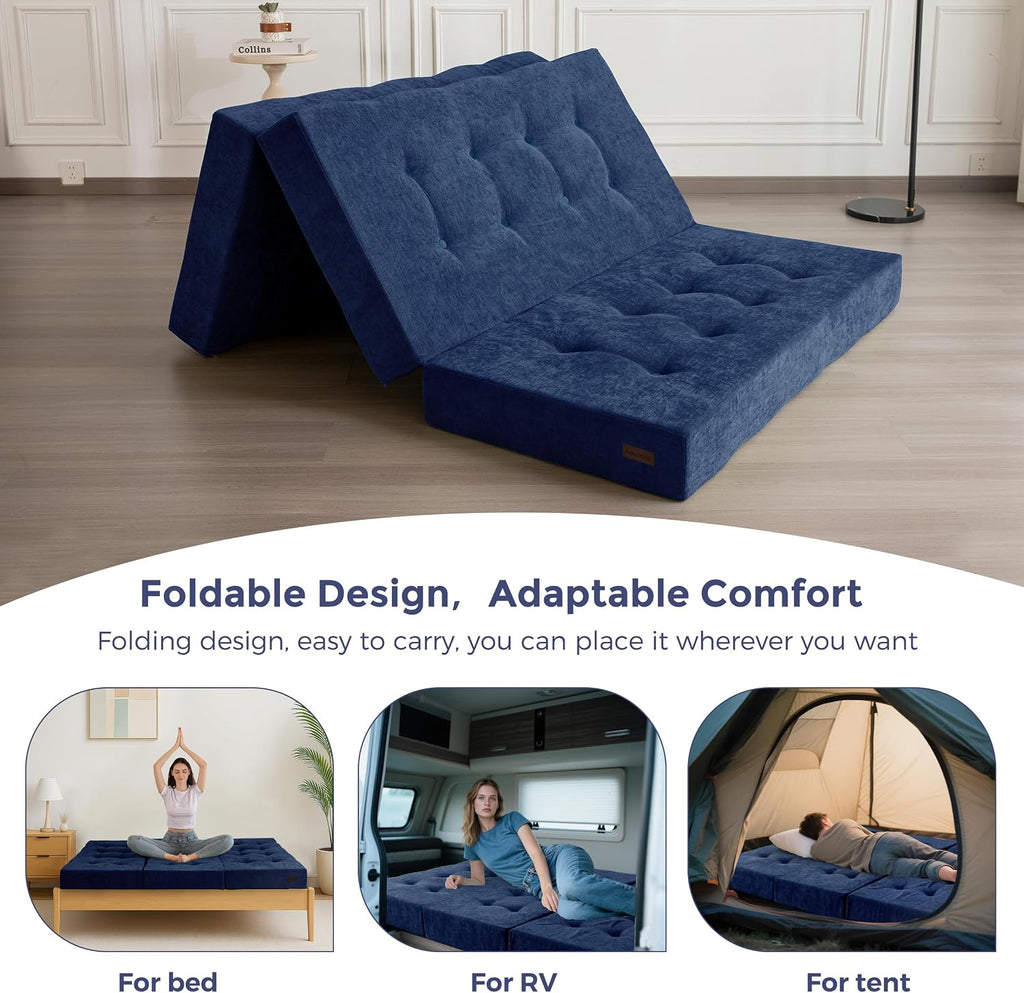 MAXYOYO 6' Folding Sofa Bed for Floor, Tufted Tri-Fold Floor Mattress with Chenille Fabric, Queen Size Portable Sofa Couch Guest Mat for Adults, Foldable Topper for Camping, Navy, 59'x78.7'