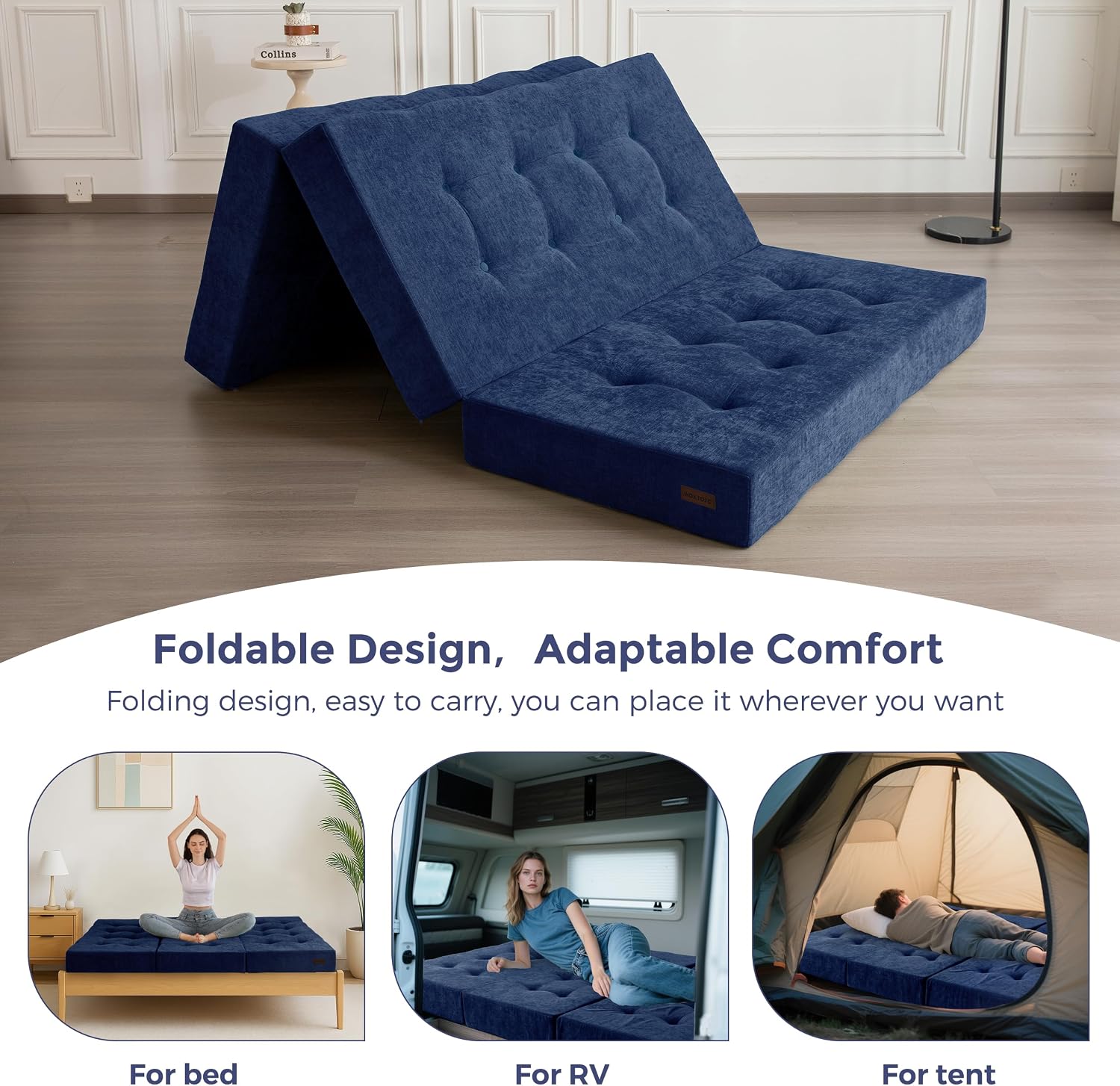 MAXYOYO 6' Folding Sofa Bed for Floor, Tufted Tri-Fold Floor Mattress with Chenille Fabric, Queen Size Portable Sofa Couch Guest Mat for Adults, Foldable Topper for Camping, Navy, 59'x78.7'