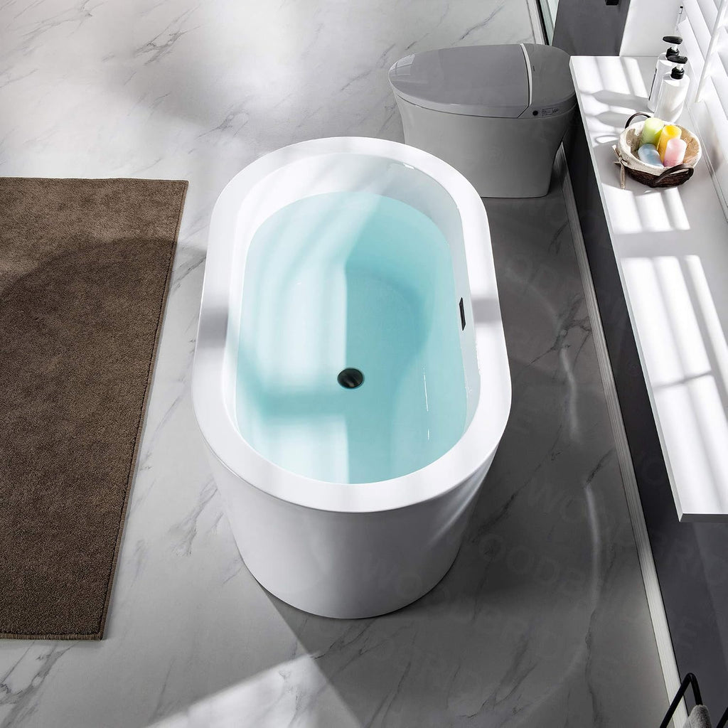 WOODBRIDGE 56' Acrylic Freestanding Bathtub Contemporary Soaking White Tub with Matte Black Overflow and Drain，B0088-MB-Drain&O