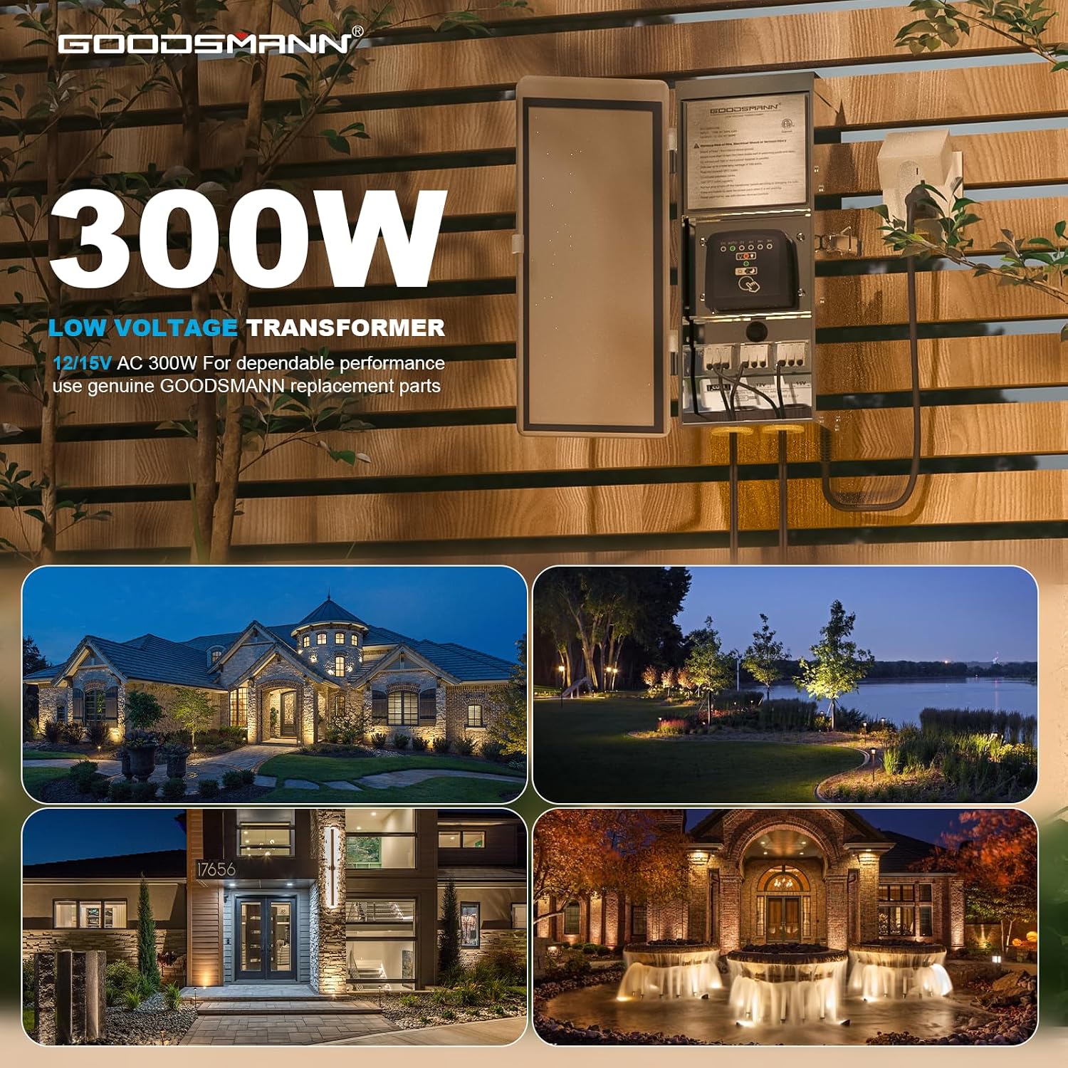 GOODSMANN Low Voltage Transformer 300W Replaceable Mode Panel 120V AC to 12V or 15V AC Multi Tap Stainless Steel Outdoor Landscape Lighting Transformer Weatherproof with Photocell Sensor