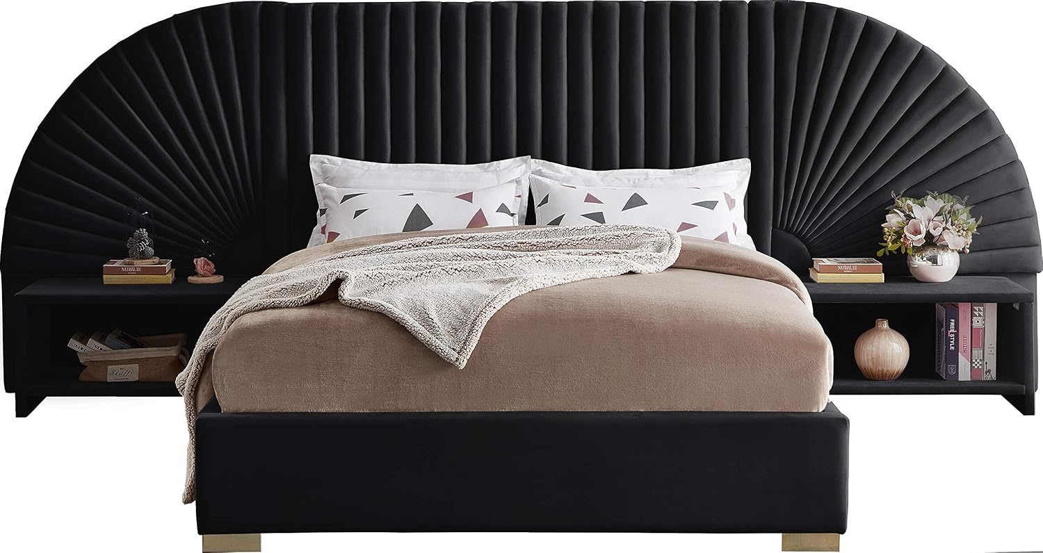 Meridian Furniture Cleo Collection Modern | Contemporary Velvet Upholstered Bed with Gold Steel Legs and Removable Panels, Queen, Black