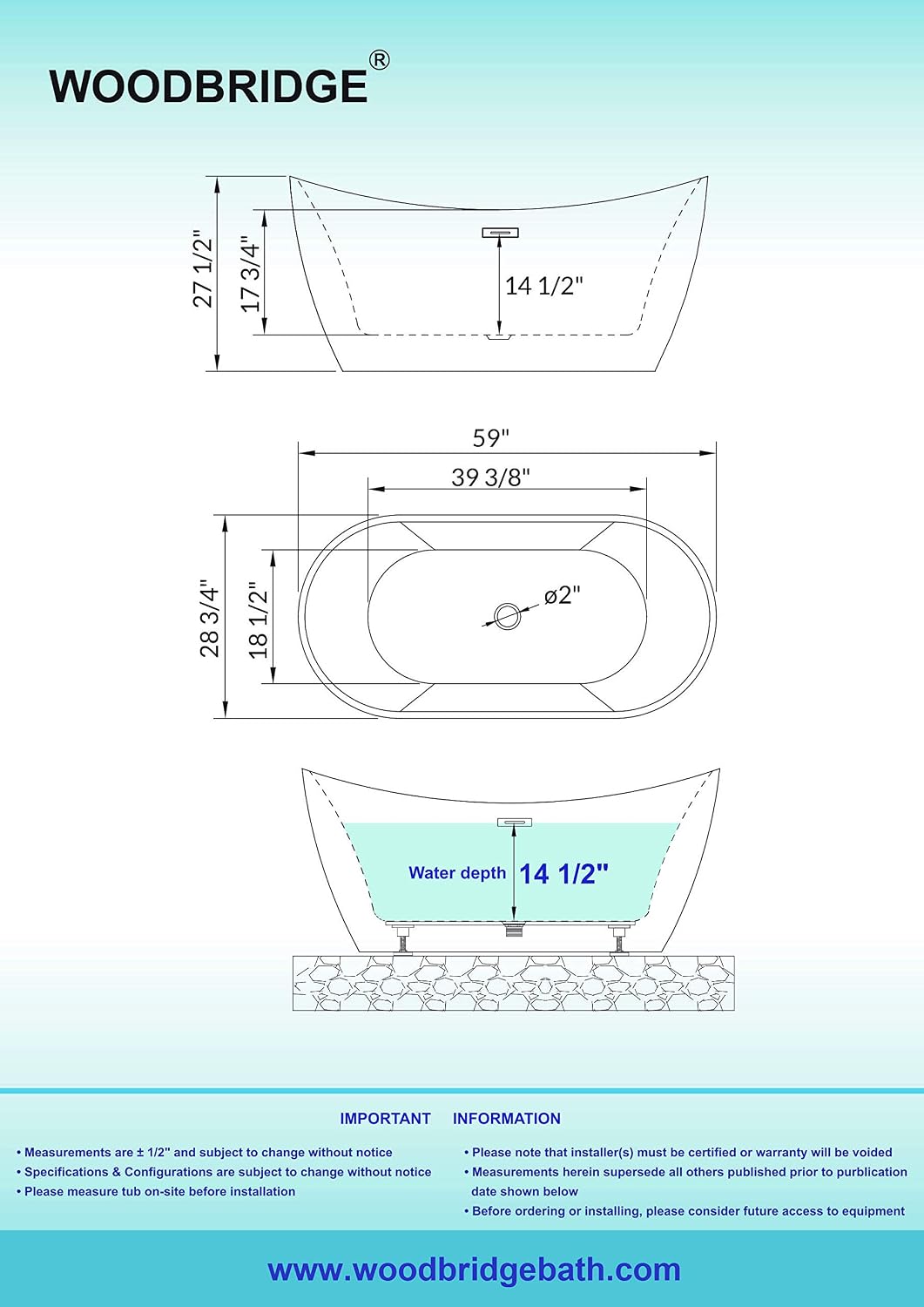 WOODBRIDGE 59'Freestanding White Acylic Soaking Bathtub with Drain Kit and Floor Mount Tub Filler in ORB,BTA1516 -ORB-Drain &O+F0010ORBSQ