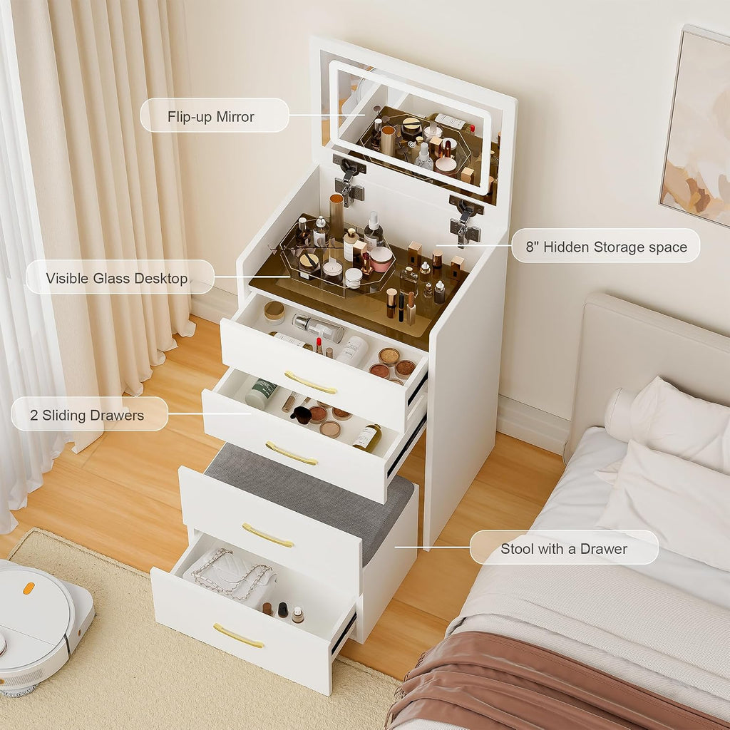 3 in 1 Vanity Desk with Plip Top Mirror and Lights,Small Make Up Vanity Set with Visible Glass Desktop,Compact Makeup Vanity with 3 Drawers,Dressing Table for Bedroom,White