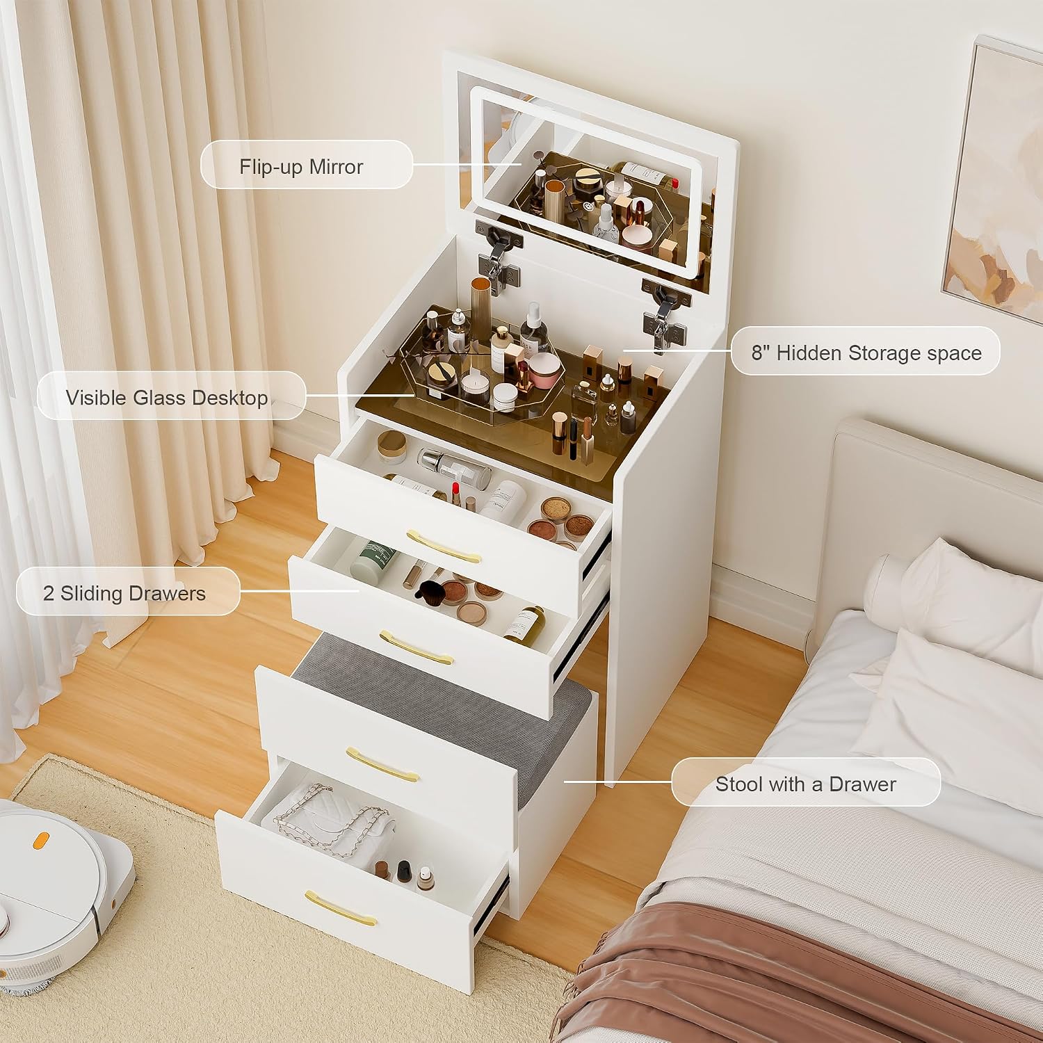3 in 1 Vanity Desk with Plip Top Mirror and Lights,Small Make Up Vanity Set with Visible Glass Desktop,Compact Makeup Vanity with 3 Drawers,Dressing Table for Bedroom,White