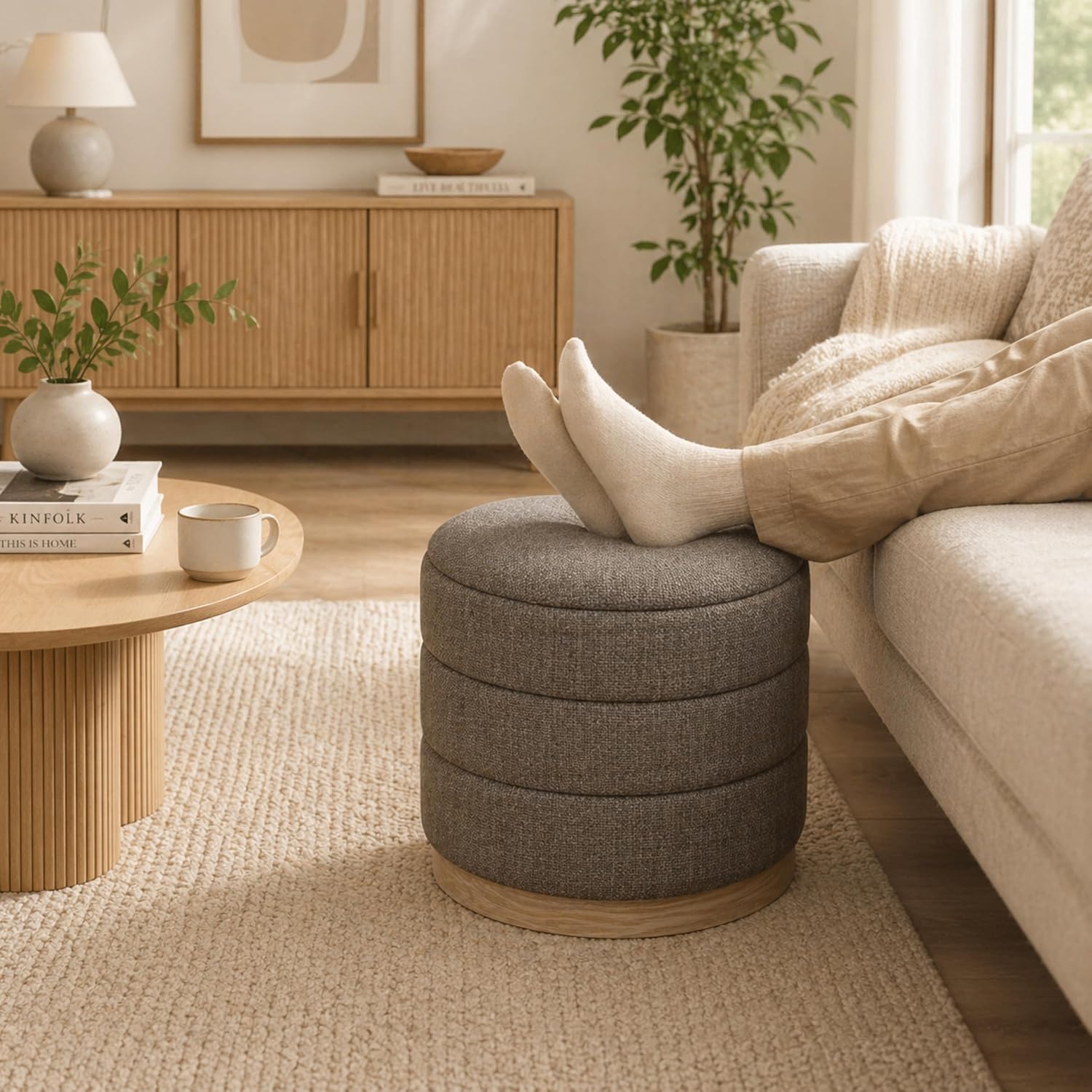 Ottoman Collection Stylish Linen Cylinder Storage Tan Round Footrest Vanity Stool Furniture Living Room Small Bench 16' L X16 W X 17' H