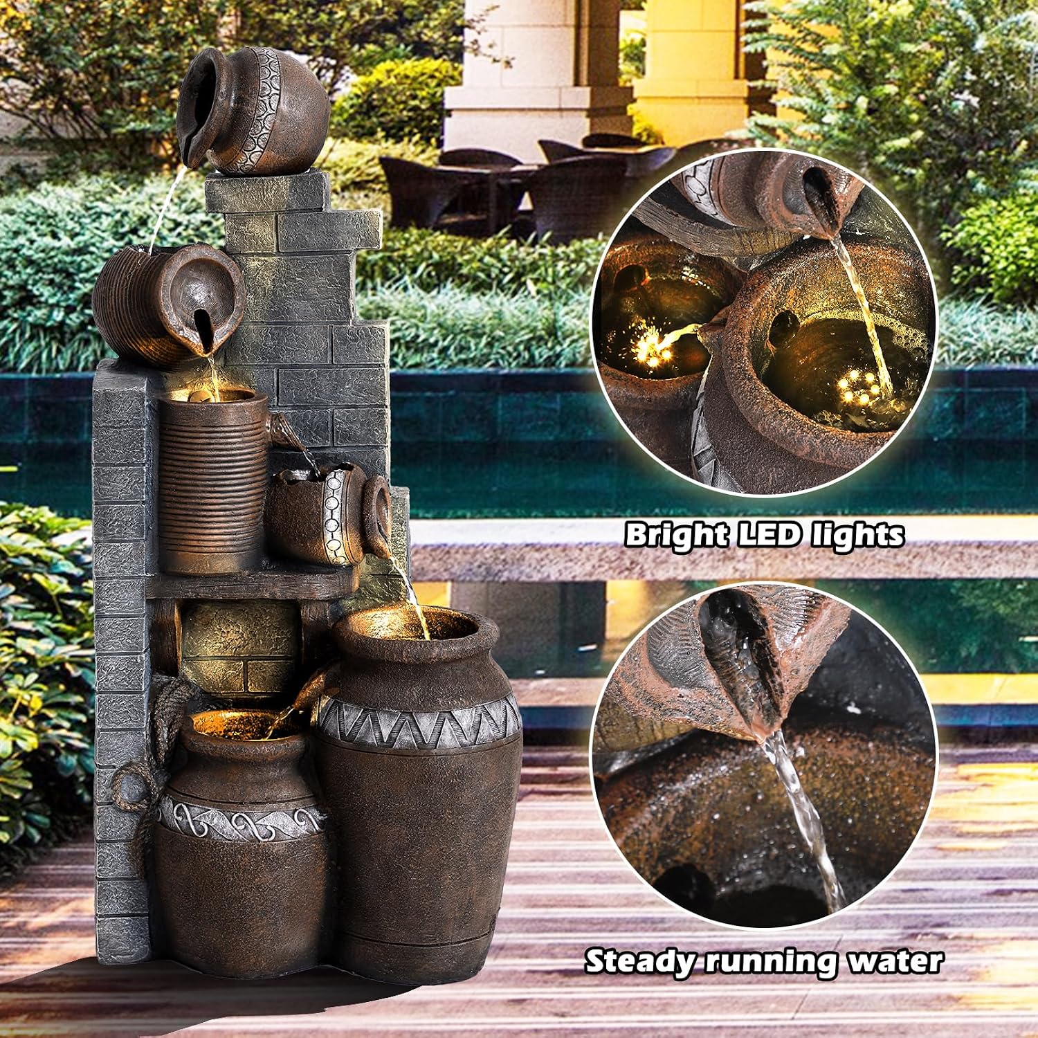 Grepatio Outdoor Water Fountain, Garden Waterfalls Fountains with LED Lights, 6 Tier Modern Indoor/Outdoor Floor Standing Water Fountain for Garden, Patio (10.6'(L) x 14.6'(W) x 31.5'(H))