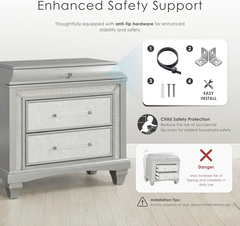 Furniture of America Silvia Glam Solid Wood 5-Piece Bedroom Set with Layered Frame Bed, Faux Crystal Trim LED on Nightstands and Dresser with Mirror, Box Spring Needed for Bedroom, King, Silver