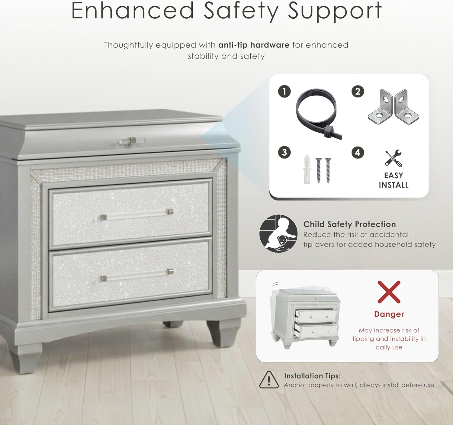 Furniture of America Silvia Glam Solid Wood 5-Piece Bedroom Set with Layered Frame Bed, Faux Crystal Trim LED on Nightstands and Dresser with Mirror, Box Spring Needed for Bedroom, King, Silver