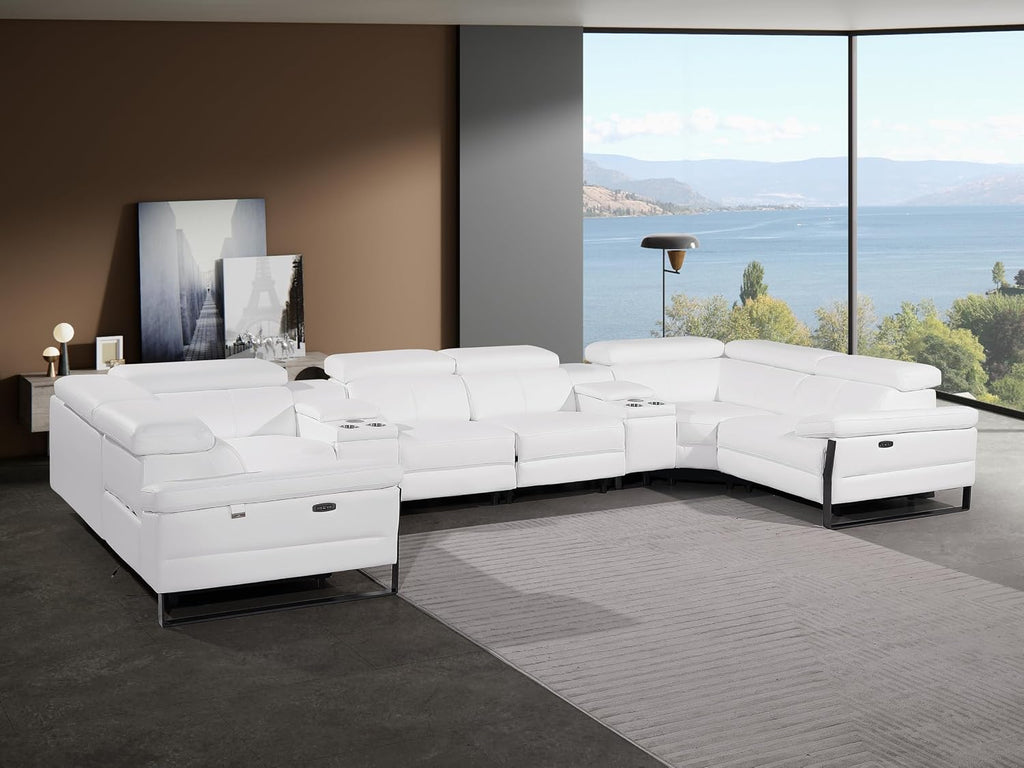 BlackJack Furniture Antonio 8 Piece U Shaped Power Reclining Sectional Sofa, Modular Couch with Top Grain Italian Leather, 4 Electric Recliners, USB & Wireless Chargers, Storage Console, White