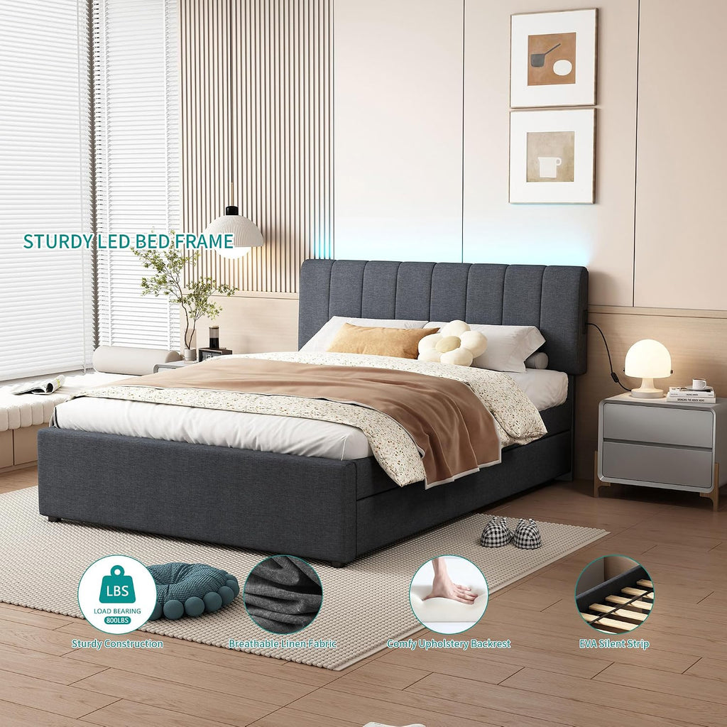 Ball & Cast Full Size Upholstered Platform Bed with Remote Control Intelligence Led Lights App and Trundle,Wood Bed Frame w/Charging Station Headboard & Eva Silent Strip,Bebframe for Apartment,Gray