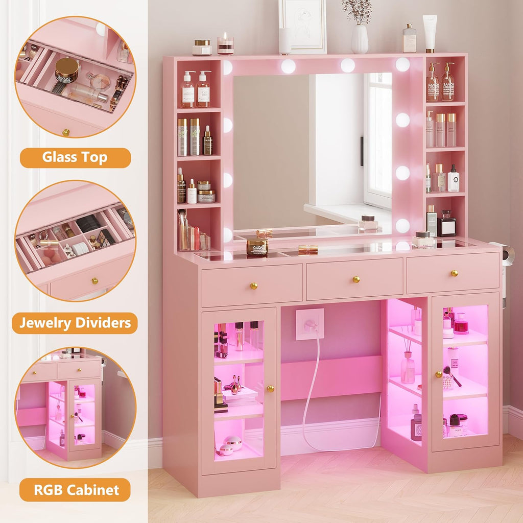 HUANLEGO Pink Vanity Desk with Mirror and Lights, Glass Top Vanity with Lighted Mirror & RGB Glass Cabinet and 3 Drawers, Makeup Vanity Desk with Lights Dressing Table for Bedroom, 3 Color Modes