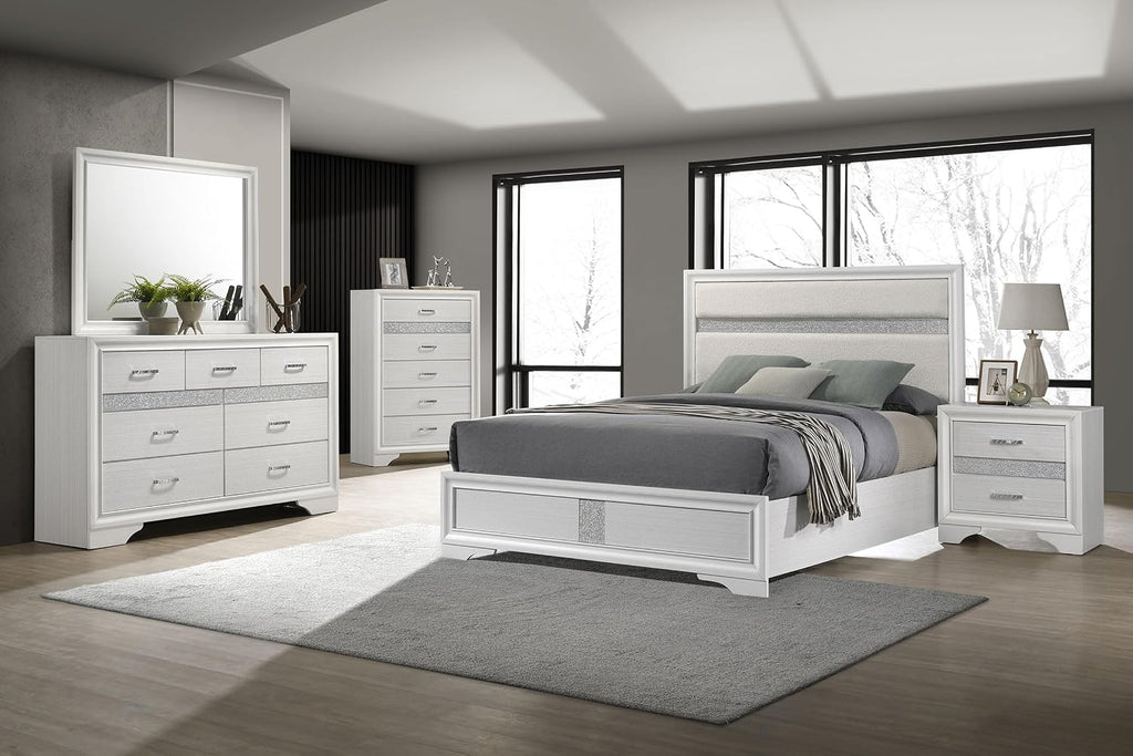 Coaster Home Furnishings Miranda Contemporary 5-Piece Bedroom Set Fabric Upholstered California King Size Panel Bed Frame 54-inch Headboard White 205110KW-S5