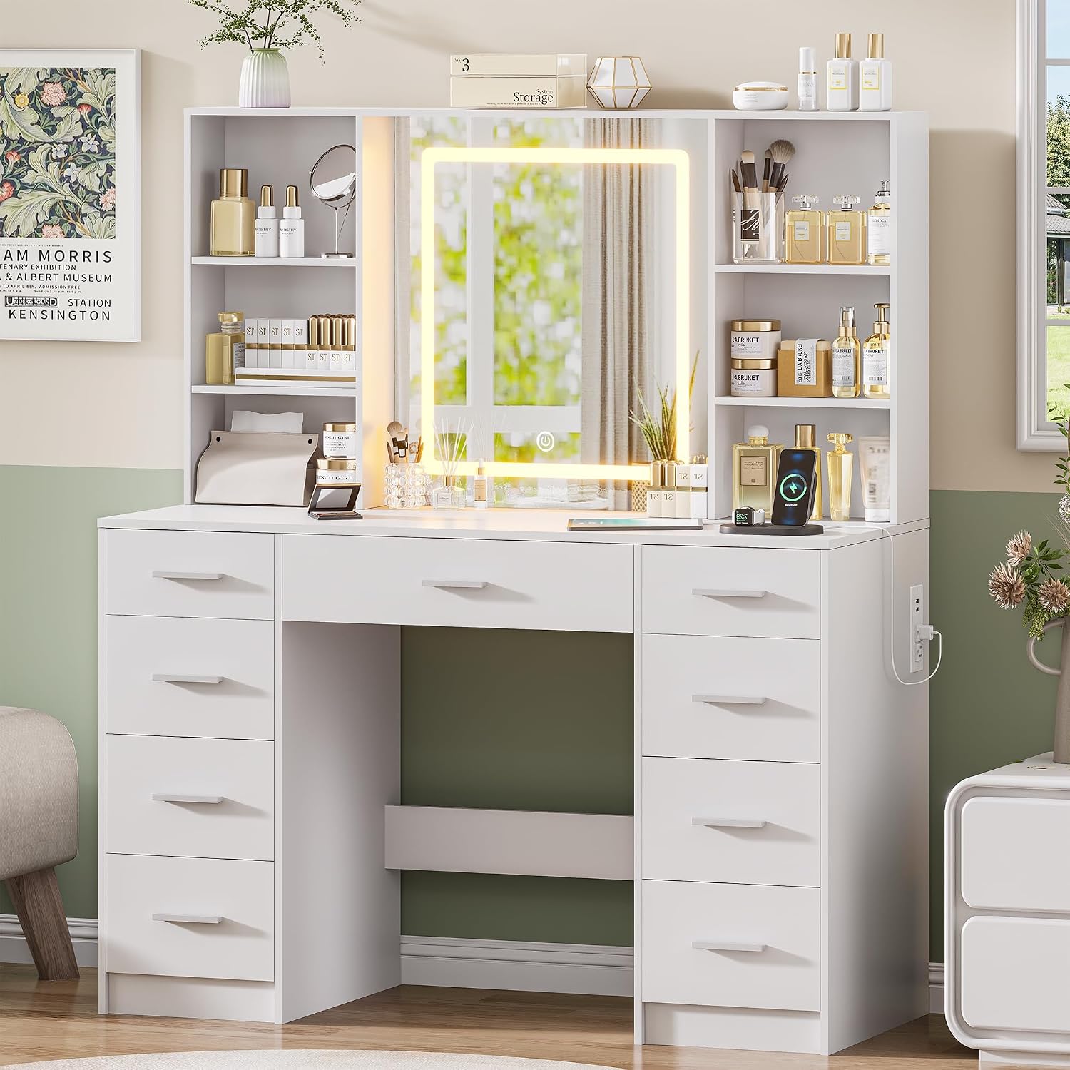 Vanity Desk with Mirror and Lights, Makeup Vanity Desk with 9 Drawers & 6 Shelves, Make up Vanity, Dressing Table with Touch Screen Mirror & Power Outlet, White Vanity for Girls Women, Bedroom