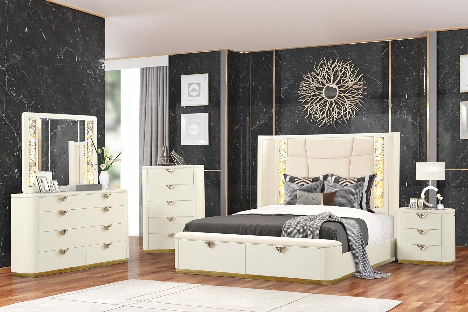 Modern Style 5 Pc King Upholstered Bedroom Set Made with Wood and Gold Accents in Beige