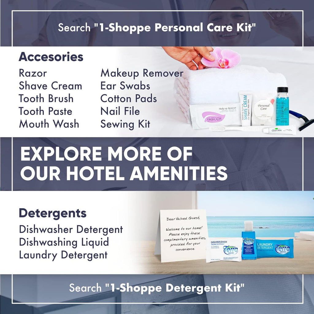 Personal Care Travel Toiletries | 1-Shoppe Amenities Kit | Travel Shaving Set, Toothbrush & Paste, Mouthwash, Makeup Wipes, Swabs, Nail File & Sewing Kit | 300 Pieces
