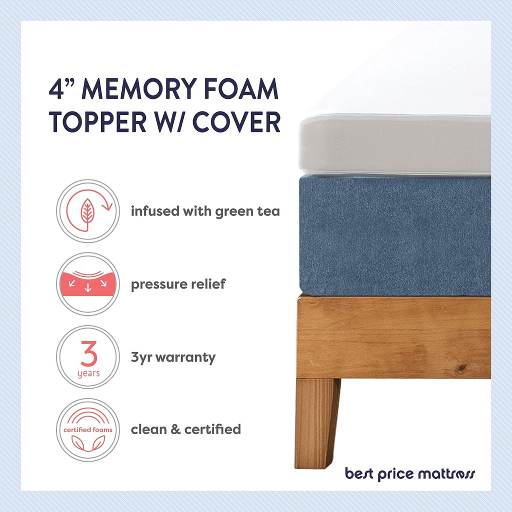 Mellow 4 Inch Memory Foam Mattress Topper with Cover, Calming Green Tea Infusion, Cal King