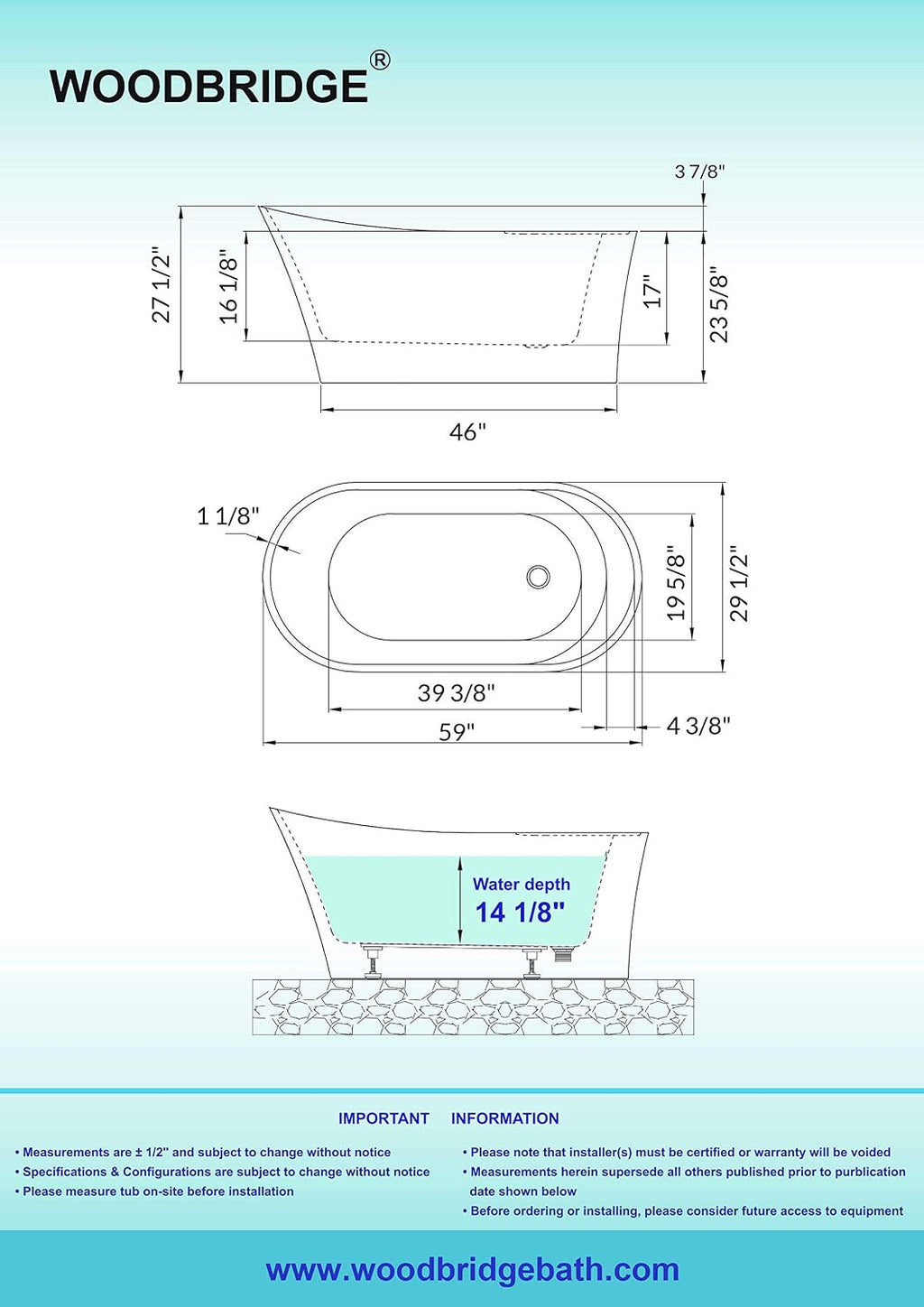 WOODBRIDGE 59' Acrylic Freestanding Bathtub Contemporary Soaking White Tub with Oil Rubbed Bronze Overflow and Drain，B0083-ORB-Drain&O
