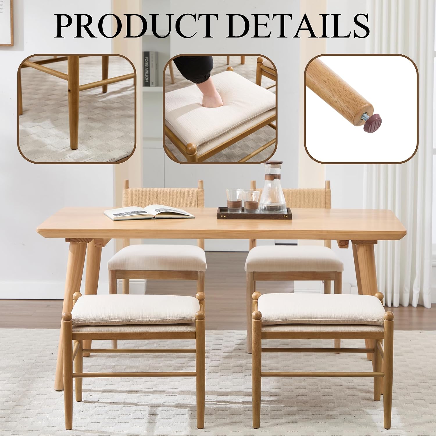 Ottoman Footrest, 19 Inch Upholstered Vanity Bench Seat, Backless Makeup Stool with Solid Wood Legs for Dining Room/Bedroom/Living Room/Entryway,Brown Frame/Beige Linen