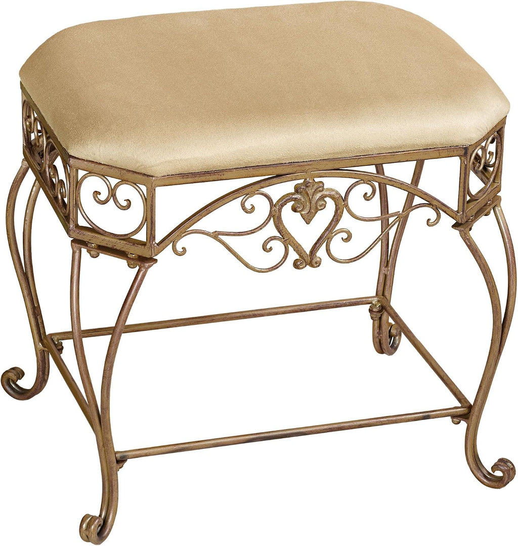 Touch of Class Aldabella Traditional Upholstered Vanity Bench | Satin Gold | Cushion is Polyester | Made of Metal | Painted by Hand | Elegant Accent Furniture for Bedroom, Bathroom, Living Room
