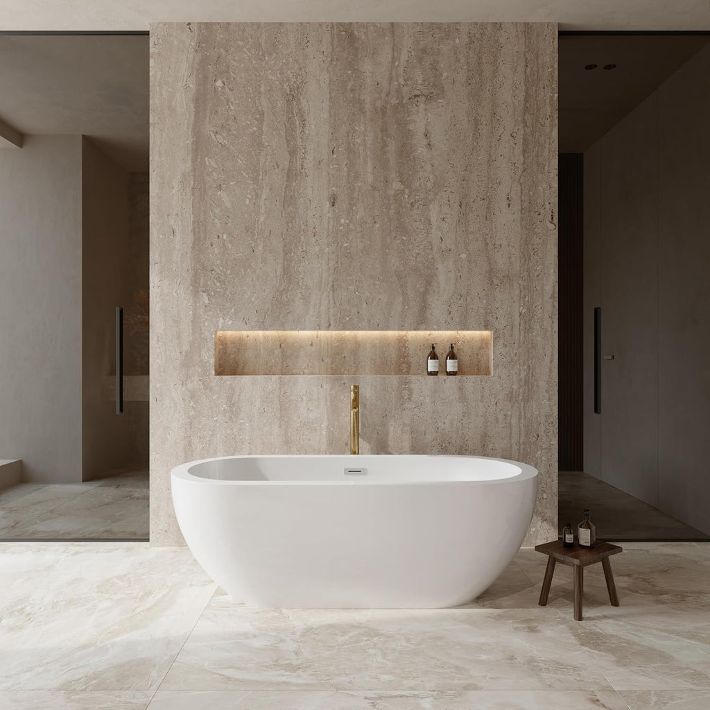 Soho 68 Inch Freestanding Bathtub in White with Polished Chrome Trim and Floor Mounted Faucet in Brushed Gold