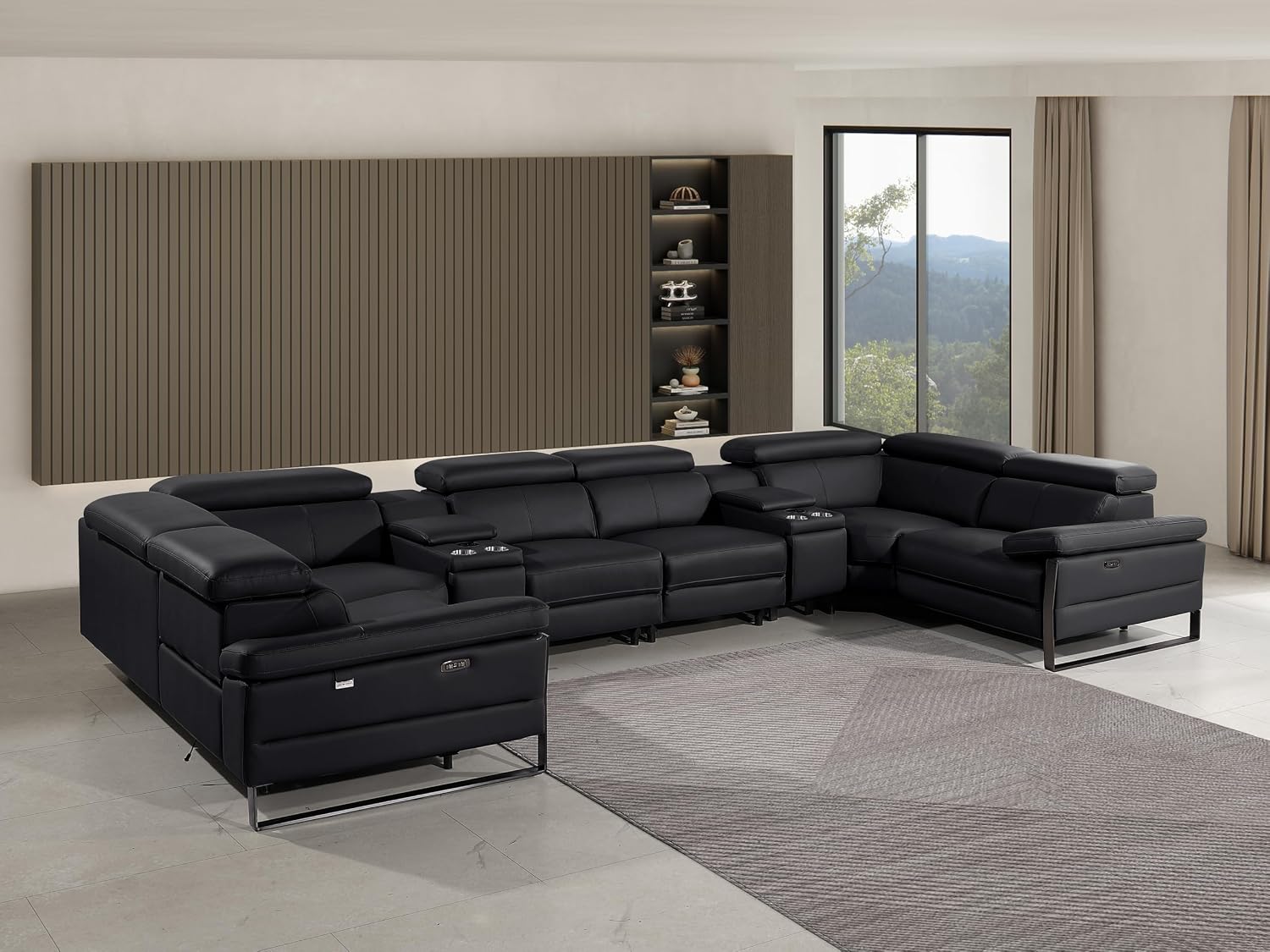 BlackJack Furniture Antonio 8 Piece U Shaped Power Reclining Sectional Sofa, Modular Couch with Top Grain Italian Leather, 4 Electric Recliners, USB & Wireless Chargers, Storage Console, Black