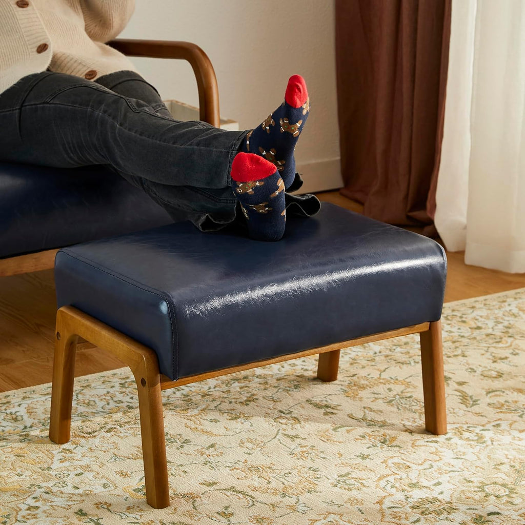Glitzhome Foot Stool Pack of 2, Leatherette Wooden Step Stool, Modern Rectangle Ottoman Wide Vanity Stool with Cushion for Couch Living Room Bedroom Entryway, Navy Blue