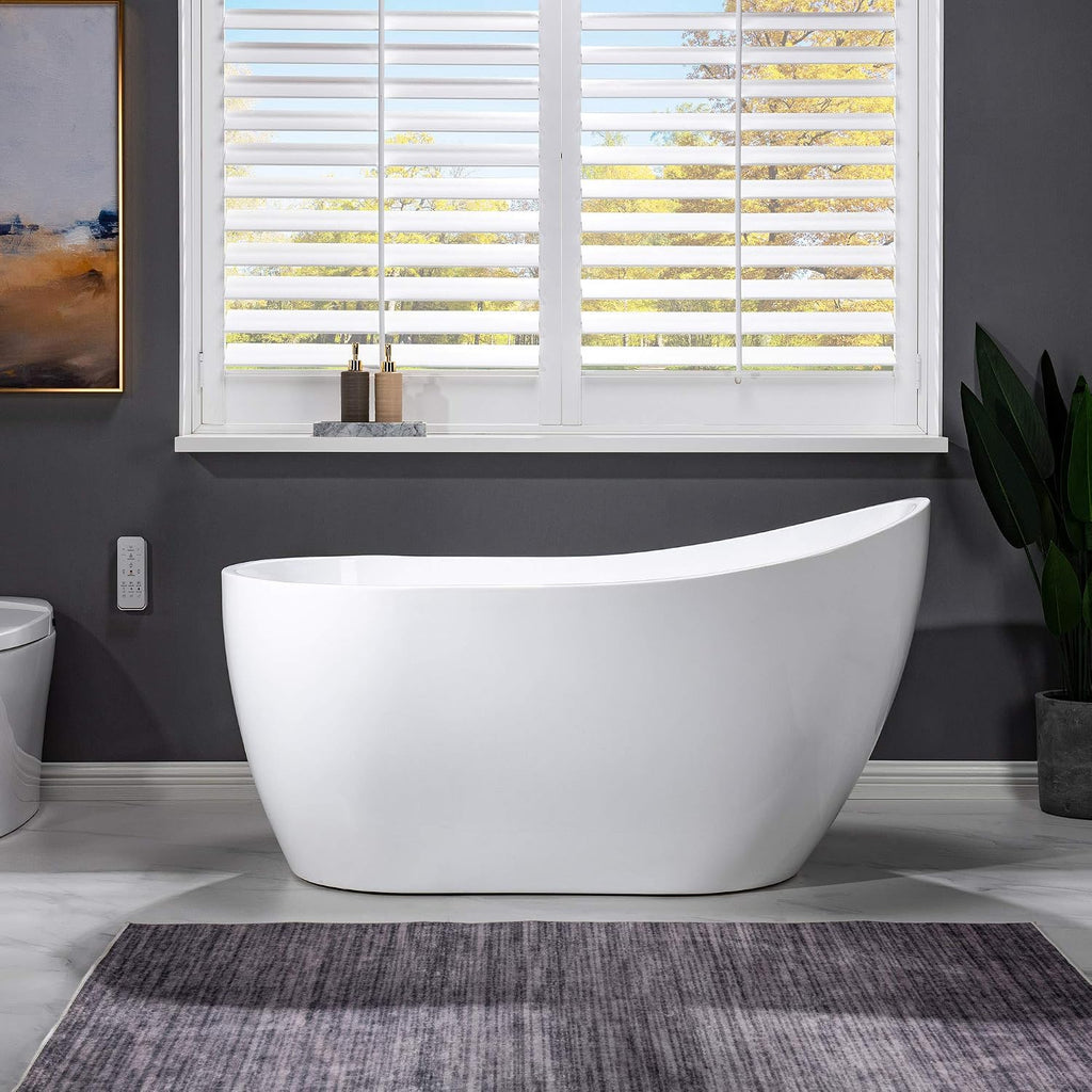 WOODBRIDGE 54' Acrylic Freestanding Bathtub Contemporary Soaking White Tub with Matte Black Overflow and Drain，BTA1507 -MB-Drain &O