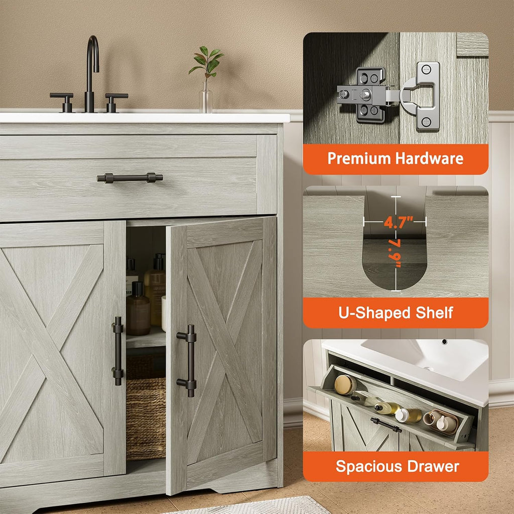 Amada 30″ Bathroom Vanity with Ceramic Sink, Farmhouse Undermount Vanity Sink Cabinet with 2 Doors and 1 Drawer, Free Standing Bathroom Cabinet with Sink Combo Set, Grey