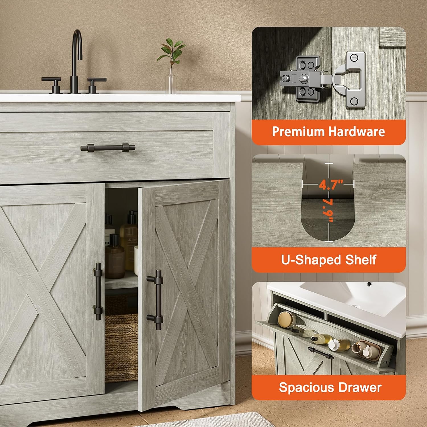 Amada 30″ Bathroom Vanity with Ceramic Sink, Farmhouse Undermount Vanity Sink Cabinet with 2 Doors and 1 Drawer, Free Standing Bathroom Cabinet with Sink Combo Set, Grey