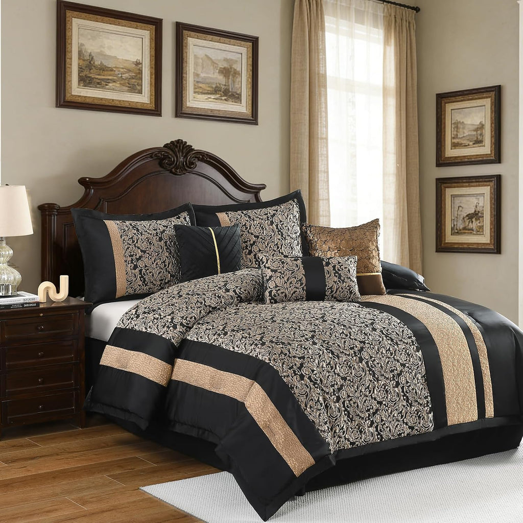 PANGUSHAN 7 Pieces Comforter Set King Size, Luxury Silky Elegant Jacquard Fluffy Reversible Bedding Set with Bed Skirt, Shams and Pillows, Bed in a Bag King, Down Alternative, Black/Gold