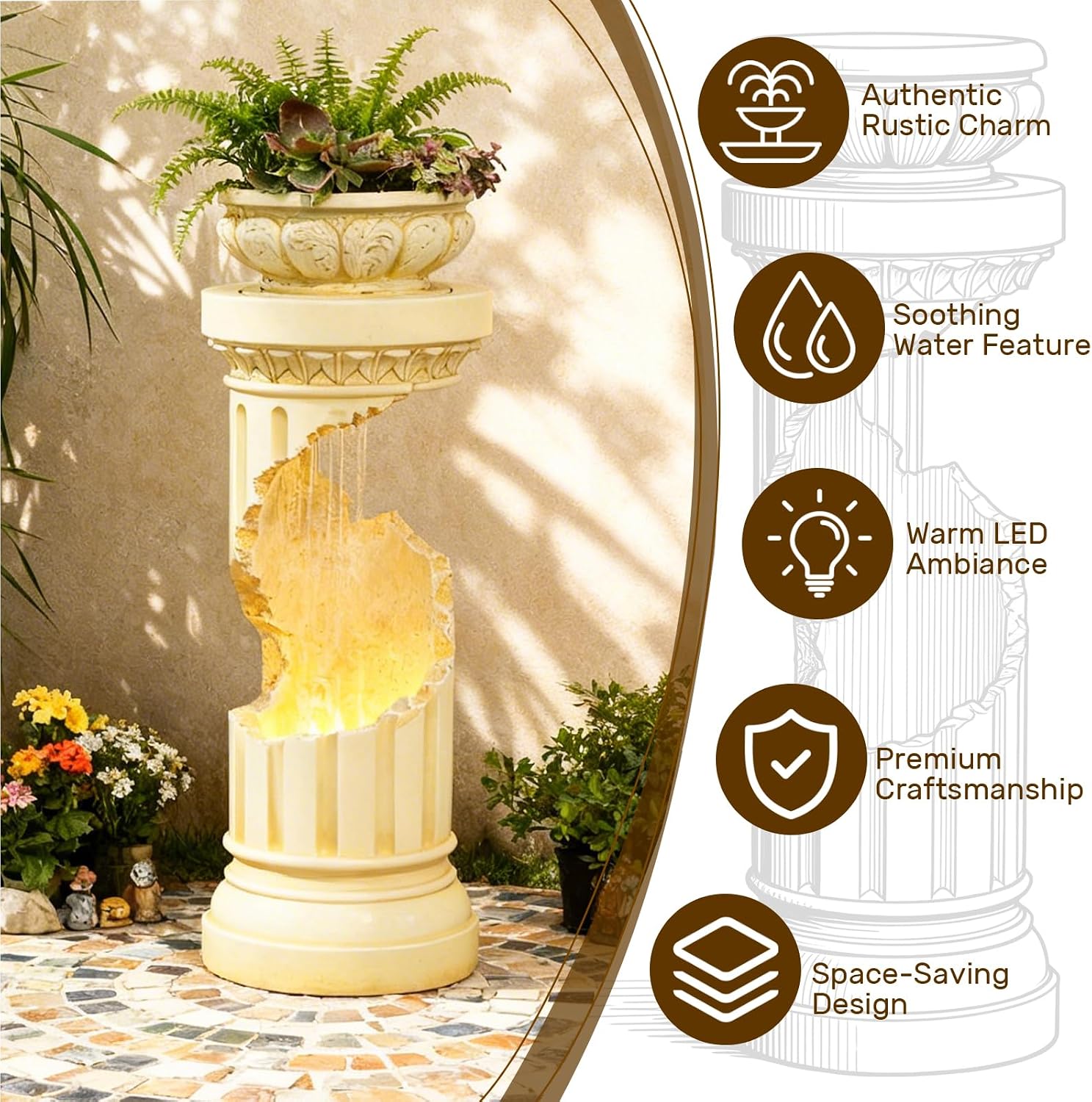 Sunlinua Outdoor Water Fountain with LED Light, Modern Spiral Tiered Outdoor Fountain with Stone Planter Curved Freestanding Waterfall Fountains for Garden Patio Deck Porch