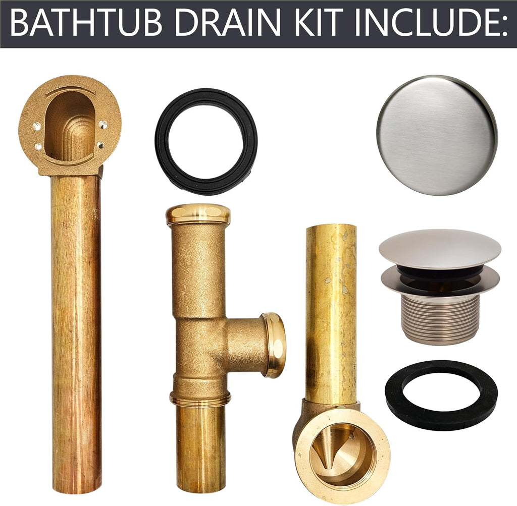 Westbrass A325H-07 14' Brass Bath Waste & Overflow Assembly with European Tip-Toe Drain Plug and Illusionary Faceplate, Satin Nickel