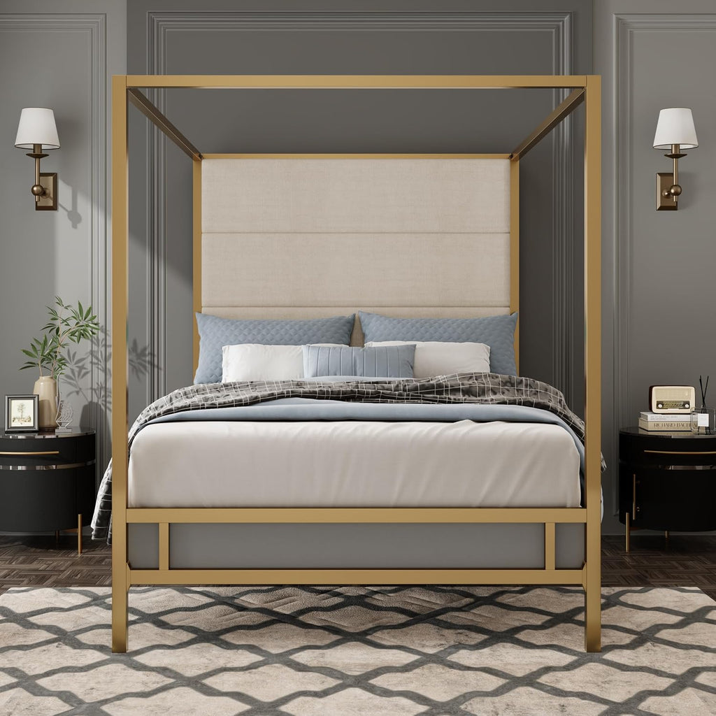King Size Metal Canopy Bed Frame, Canopy Bed with Tall Linen Fabric Upholstered Headboard, Box Spring Needed, Gold+Tan