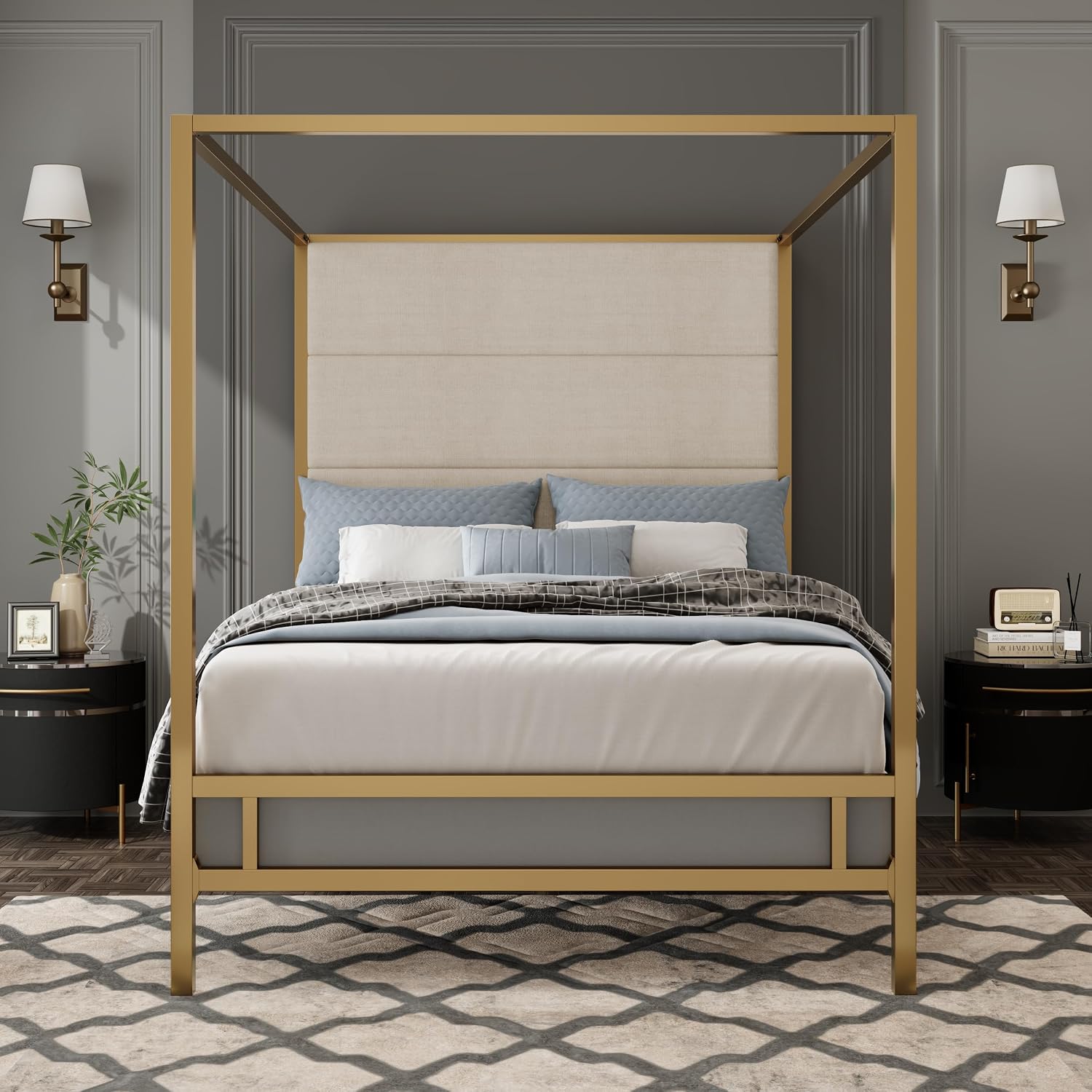 King Size Metal Canopy Bed Frame, Canopy Bed with Tall Linen Fabric Upholstered Headboard, Box Spring Needed, Gold+Tan