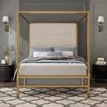 Queen Size Metal Canopy Bed Frame, Canopy Bed with Tall Linen Fabric Upholstered Headboard, Box Spring Needed, Gold+Tan