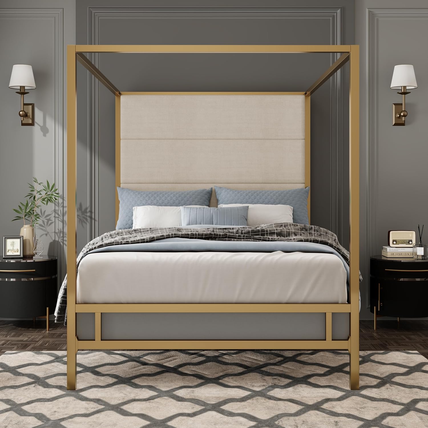Queen Size Metal Canopy Bed Frame, Canopy Bed with Tall Linen Fabric Upholstered Headboard, Box Spring Needed, Gold+Tan