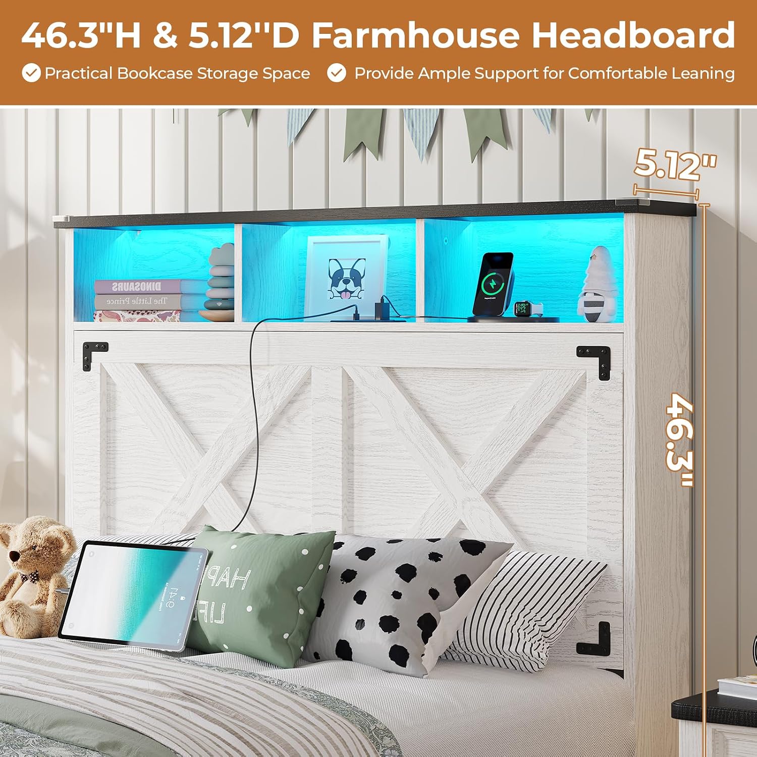 DICTAC Twin Size Bed Frame with Storage Headboard,Charging Station and LED Lights Farmhouse Metal Twin Bed Frame with Storage Ottoman,Platform Bed for Kids/Teen with Tall Headboard,Antique White