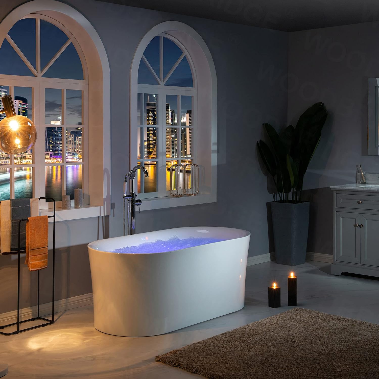 WOODBRIDGE 67' Acrylic Freestanding Bathtub Contemporary Soaking White Tub with Brushed Gold Overflow and Drain，B0101 -BG-Drain &O