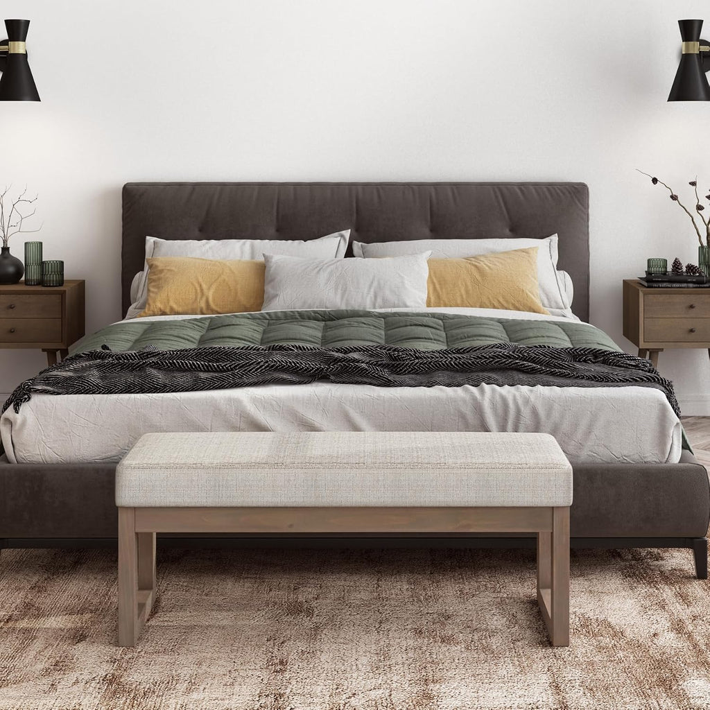 SIMPLIHOME Milltown Large Ottoman Bench - 44 inch Wide Upholstered Tweed Look Fabric Rectangle Footstool Ottoman in Platinum, Contemporary Bench for Bedroom or Entryway with Cushioned Seat, Assembled