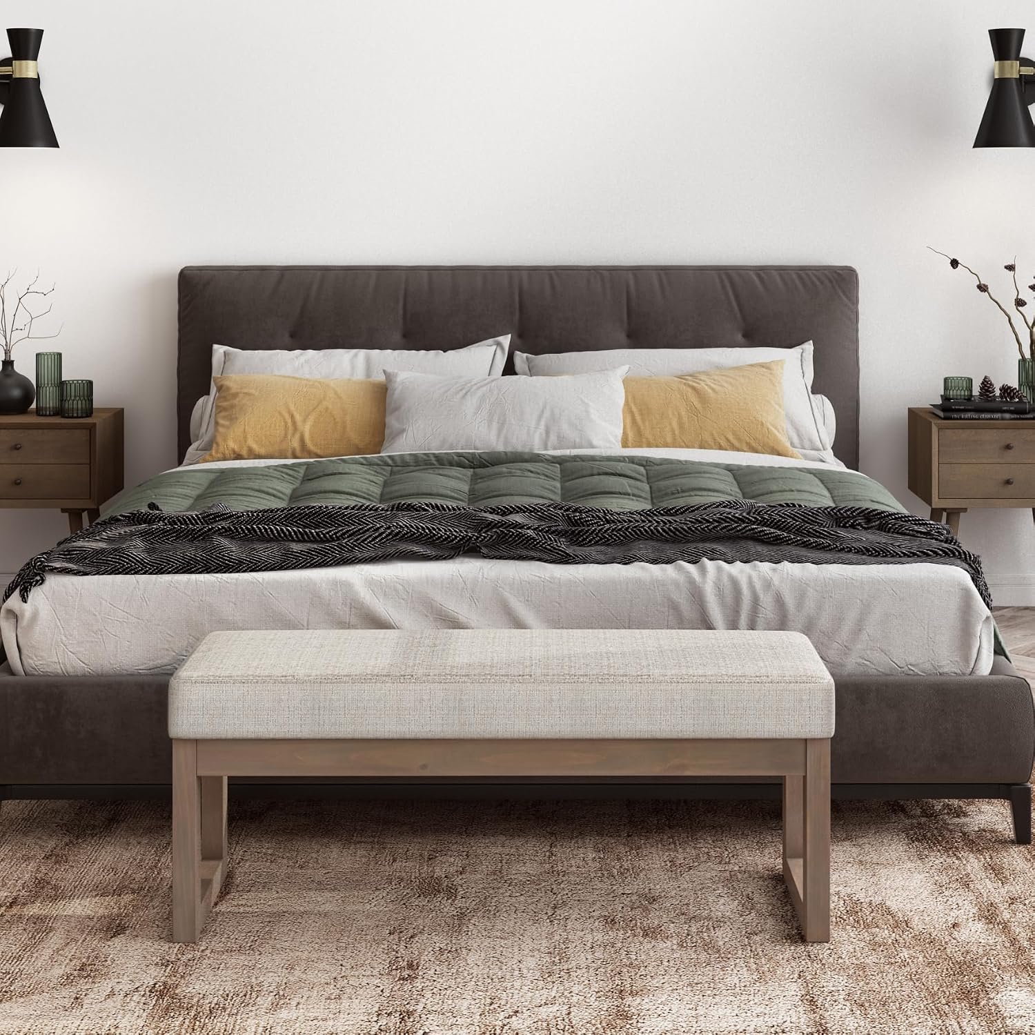 SIMPLIHOME Milltown Large Ottoman Bench - 44 inch Wide Upholstered Tweed Look Fabric Rectangle Footstool Ottoman in Platinum, Contemporary Bench for Bedroom or Entryway with Cushioned Seat, Assembled