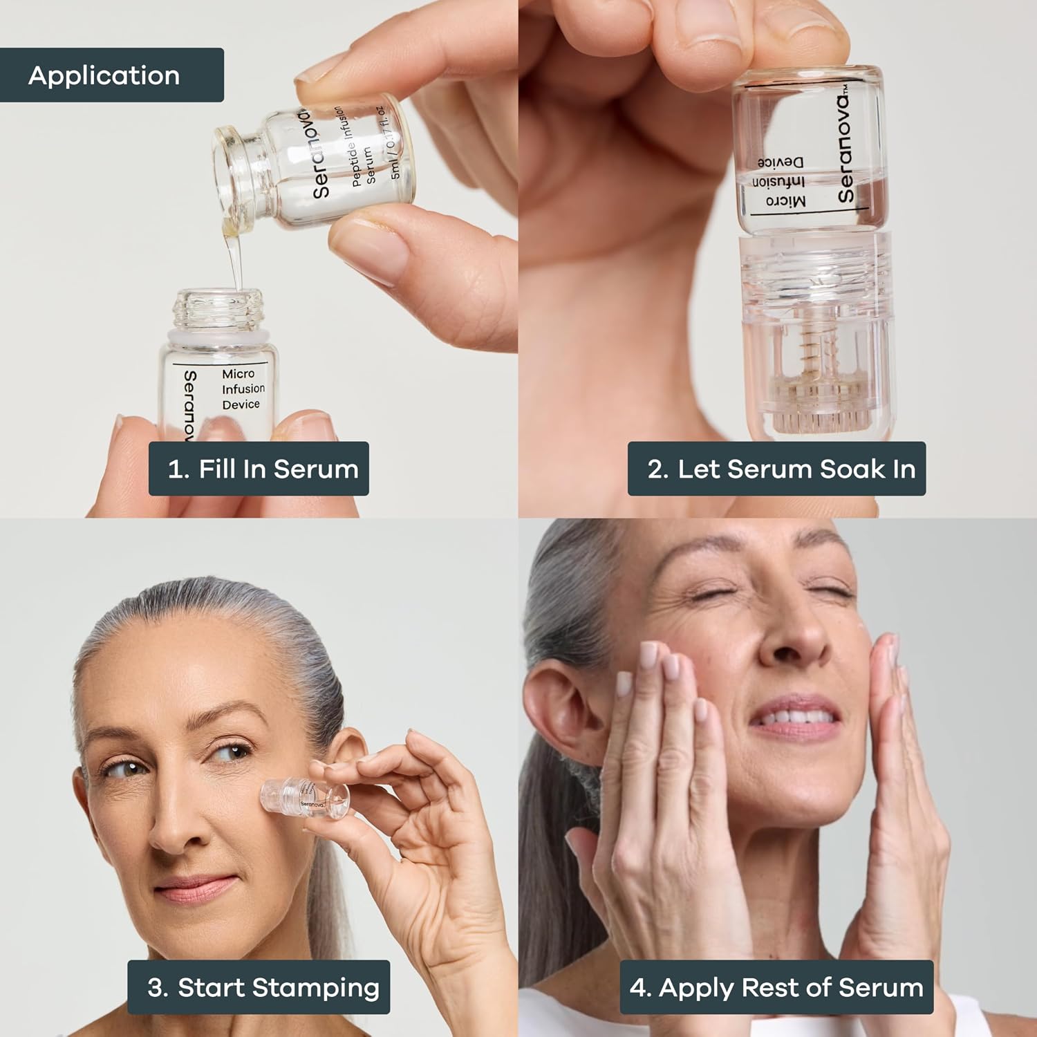 Seranova Micro Infusion System for Face & Neck 0.05mm Stamp with Hyaluronic Acid & Collagen Peptide Serum for Firmer Smoother-Looking Skin, Easy 5-Minute At-Home Skin Care Application - 2 Month Supply