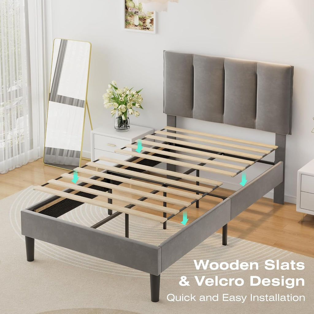 VECELO Twin Size Bed Frame with Upholstered Headboard, Heavy-Duty Bedframe with Wooden Slats & Steel Framework, Easy Assembly, Dark Grey