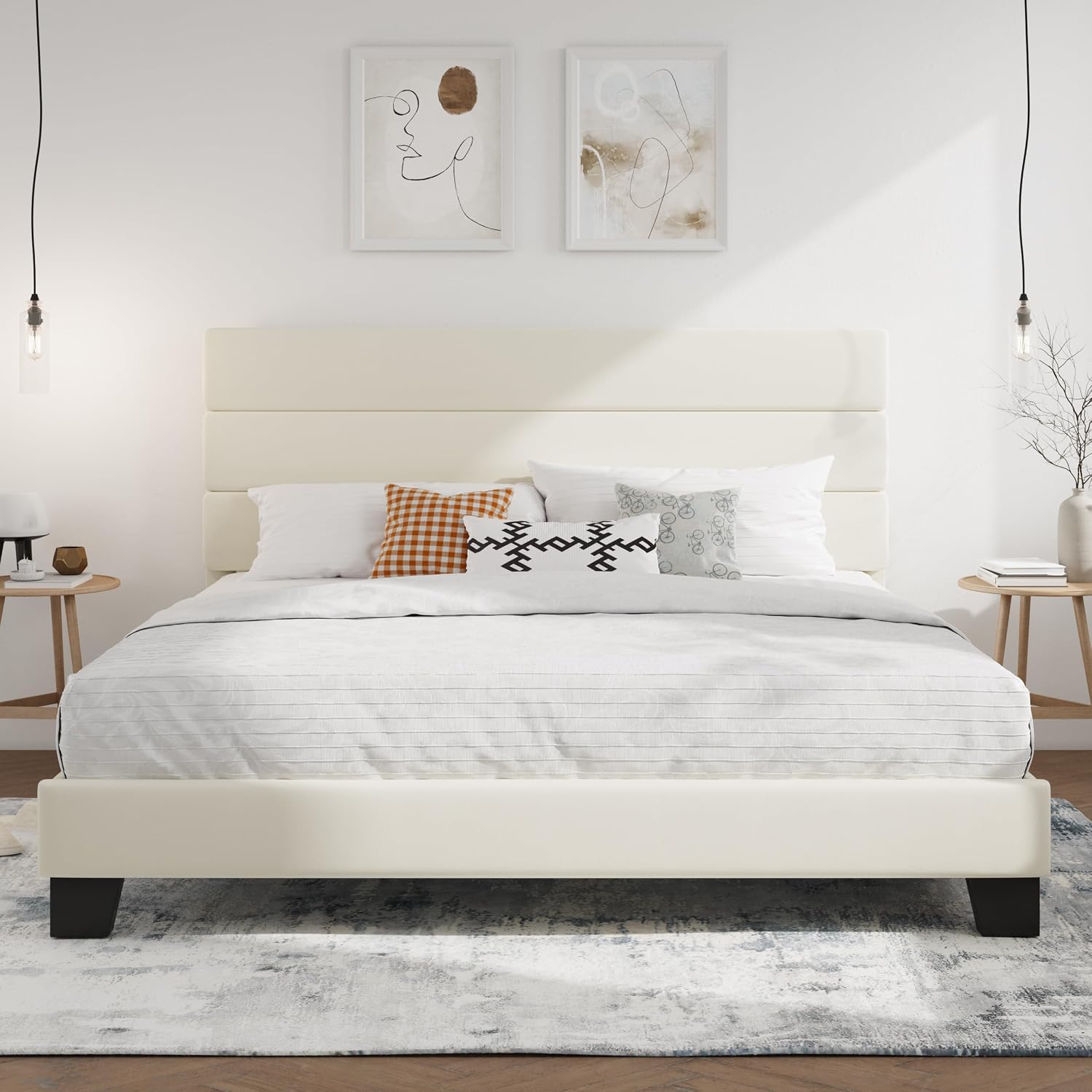 SHA CERLIN King Platform Bed Frame with Velvet Upholstered Headboard, Mattress Foundation with Strong Wooden Slats Support, No Box Spring Needed, Cream