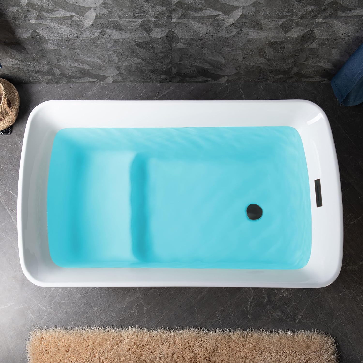 WOODBRIDGE 48' Acrylic Freestanding Square Shape Janpanese Soaking Tub with Pre-molded Seat and Oil-Rubbed Bronze Pop-UP Drain and Overflow Option, Black, B1870-ORB
