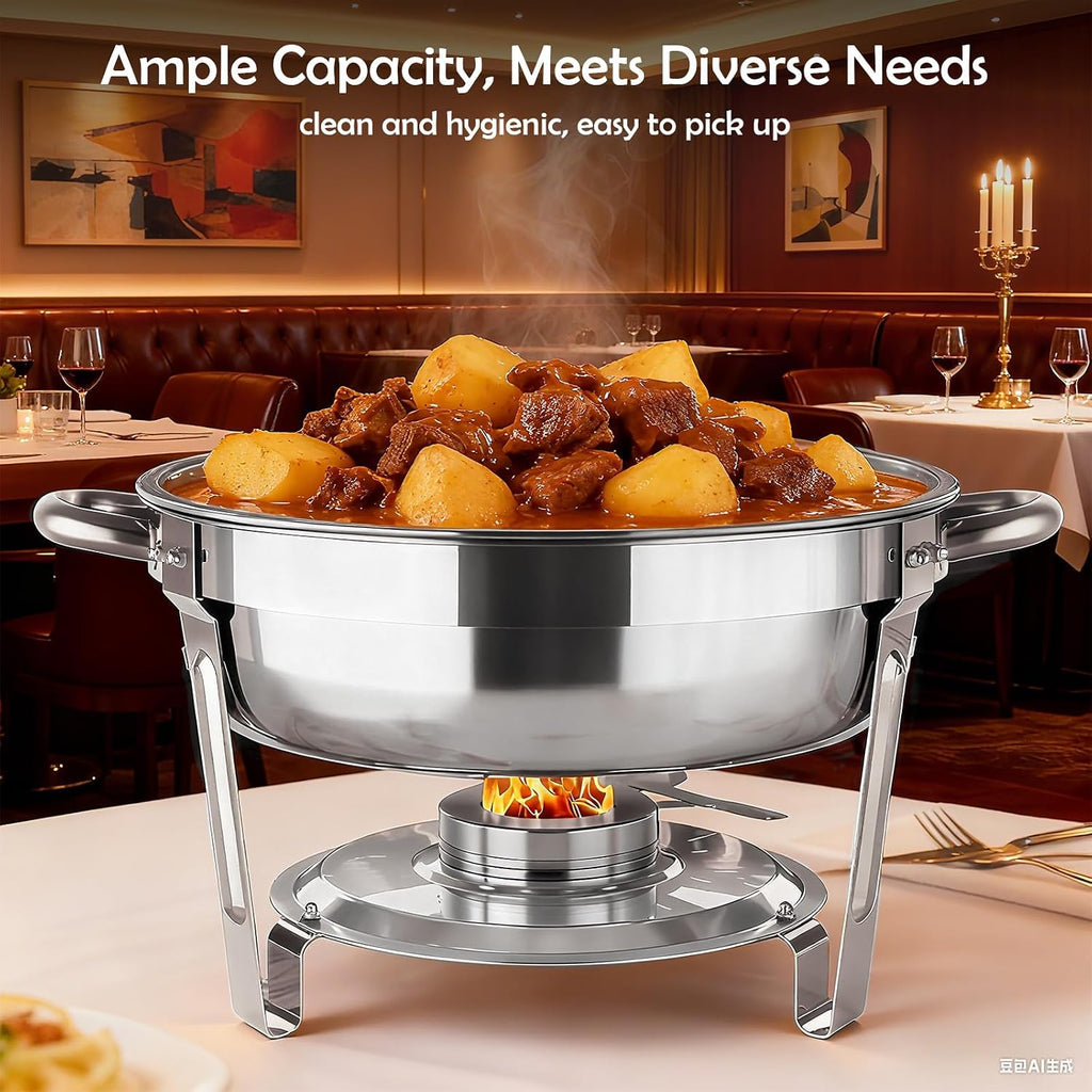ALSO GO 4 Pack 5QT Round Chafing Dishes for Buffet, Stainless Steel Chafing Buffet Set with Food & Water Pan, Lid, Frame, Fuel Holder, Buffet Servers and Warmers for Catering Events Parties Dinners