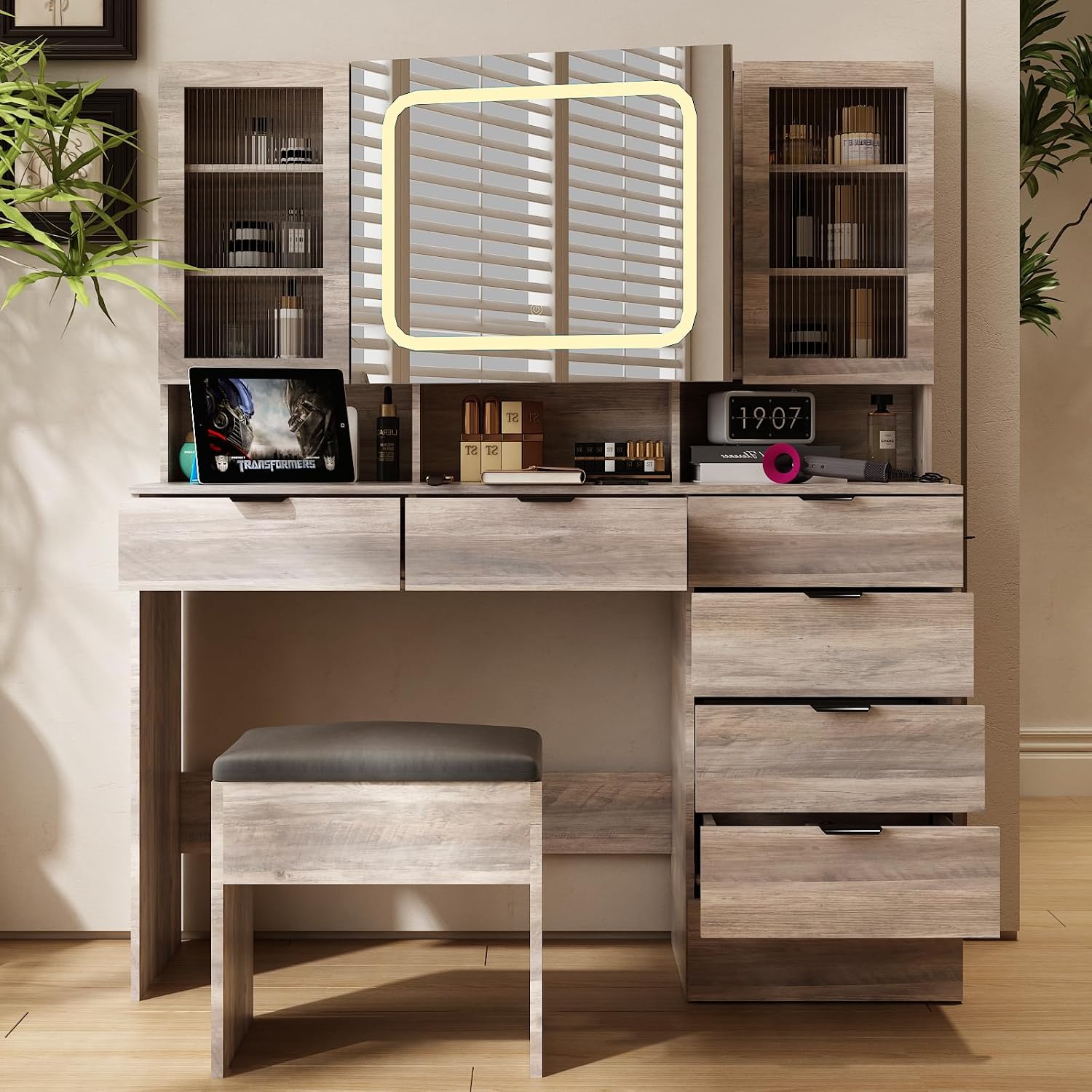VINGLI Vanity Desk with LED Lighted Mirror & Padded Bench, Makeup Set with 7 Drawers & 2 Clear Glass Cabinets & 1 Hidden Mirror Cabinet & 3 Storeroom & Charging Station for Bedroom, Grey