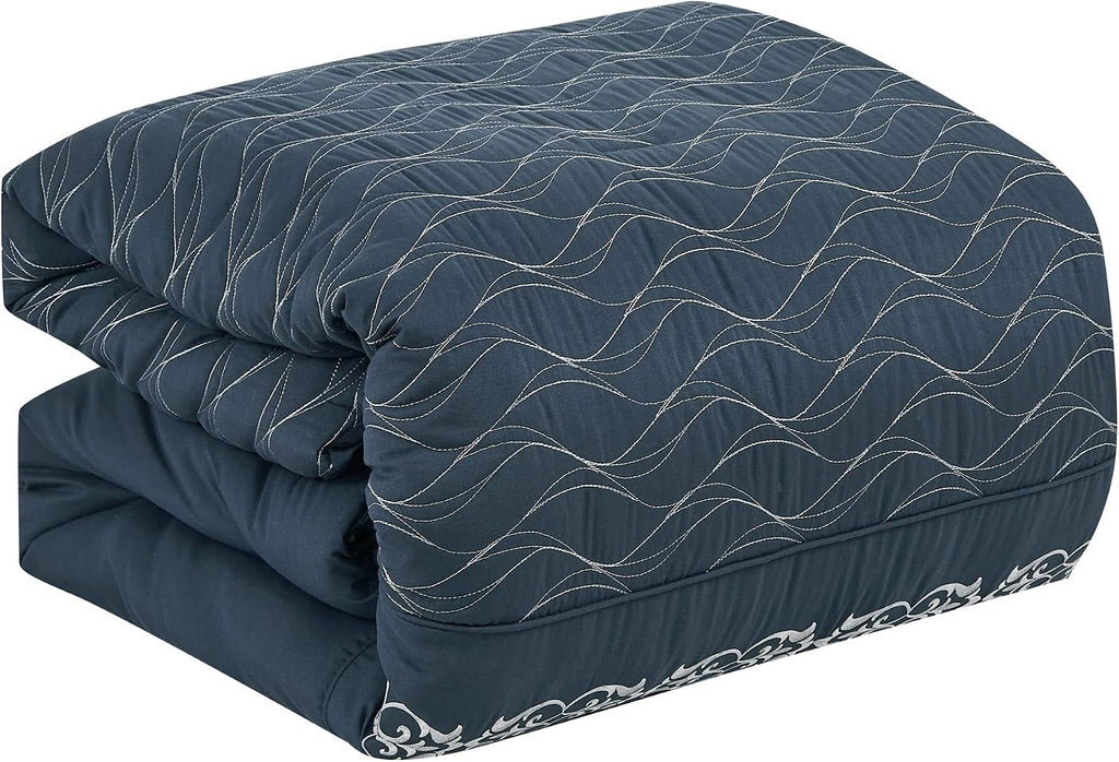 LinenTopia Luxury 7 Piece King/Cal-King Comforter Set with Shams Cushions, Modern Wavy Elegant Navy Embroidered-Pattern, Bed Cover Bed in a Bag, (22066, K/CK, Navy)