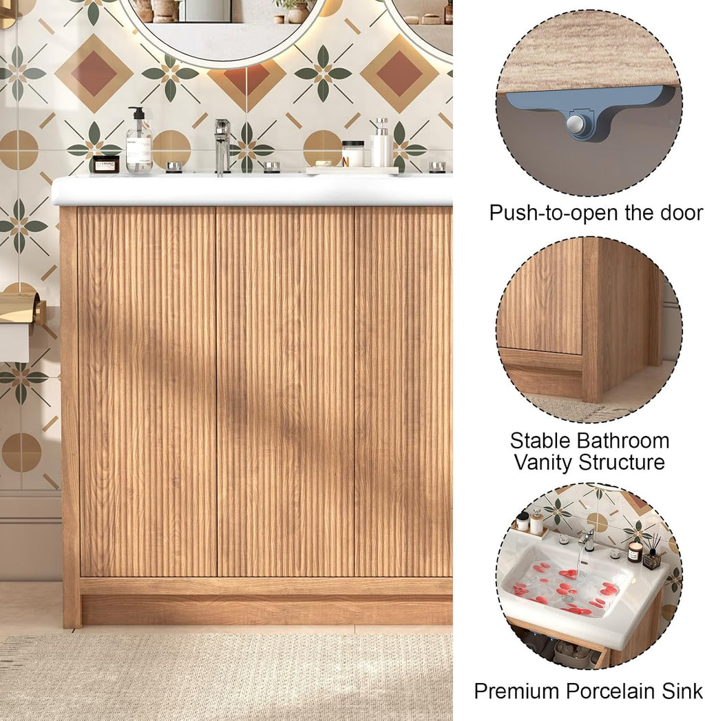 46.7 inch Bathroom Sink Vanity Combo, Large Freestanding Double Bath Vanity Sink Set with 4 Cabinets, Dual Basin Bathroom Storage Cabinet, Natural Wood Color